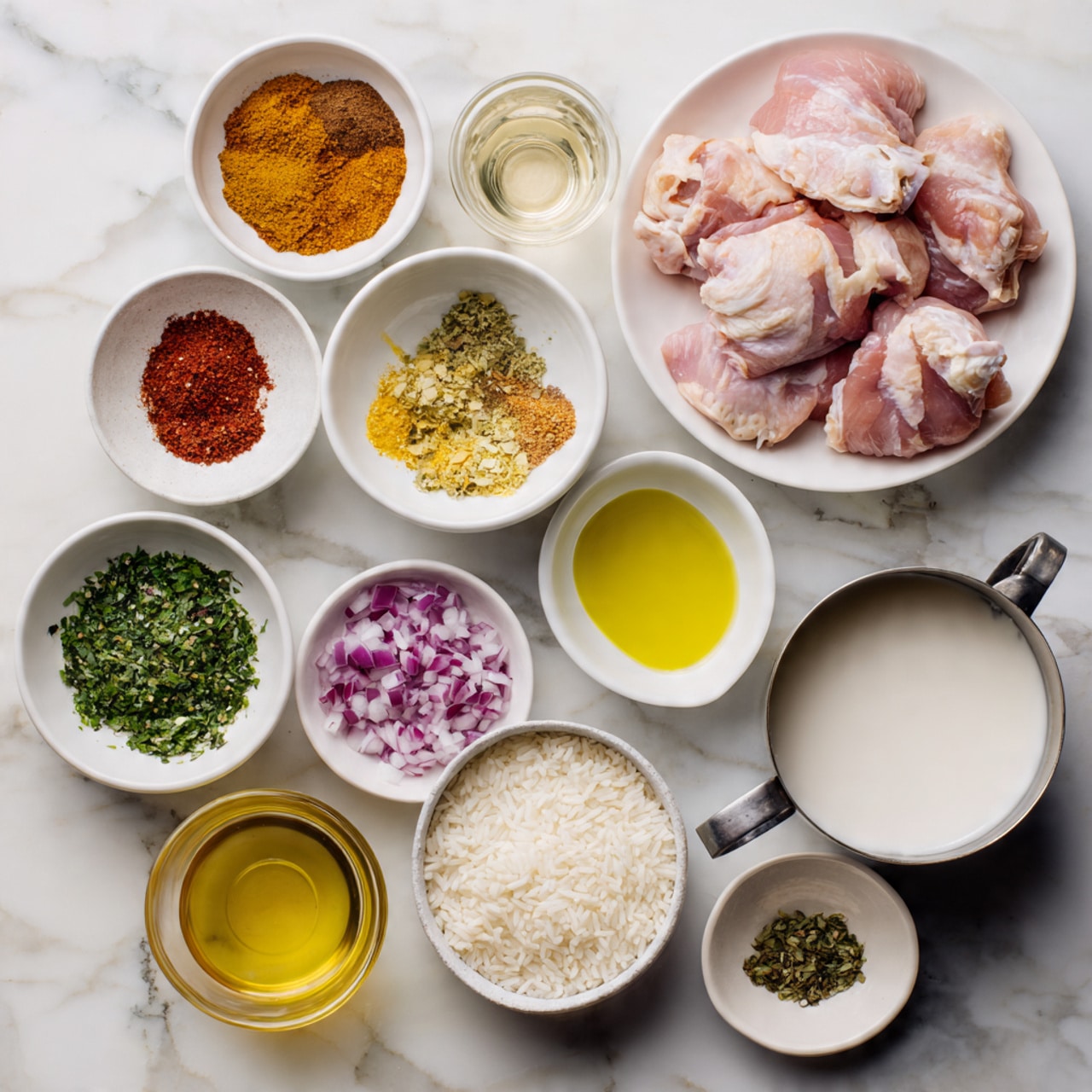 The image shows various cooking ingredients arranged neatly on a white marbled surface. There are several white bowls holding different spices like reddish-brown, yellow, and beige powders, finely chopped red onion, chopped green herbs, and minced garlic. There is a larger white bowl filled with raw, pale pink chicken thighs placed to the top right. Other small white bowls contain a light yellow liquid, clear oil, and white rice grains. A metal cup holds a white liquid, likely coconut milk, and a glass container has a light brown juice. Everything is carefully placed in an organized manner, ready for cooking. Photo taken with an iphone --ar 4:5 --v 7