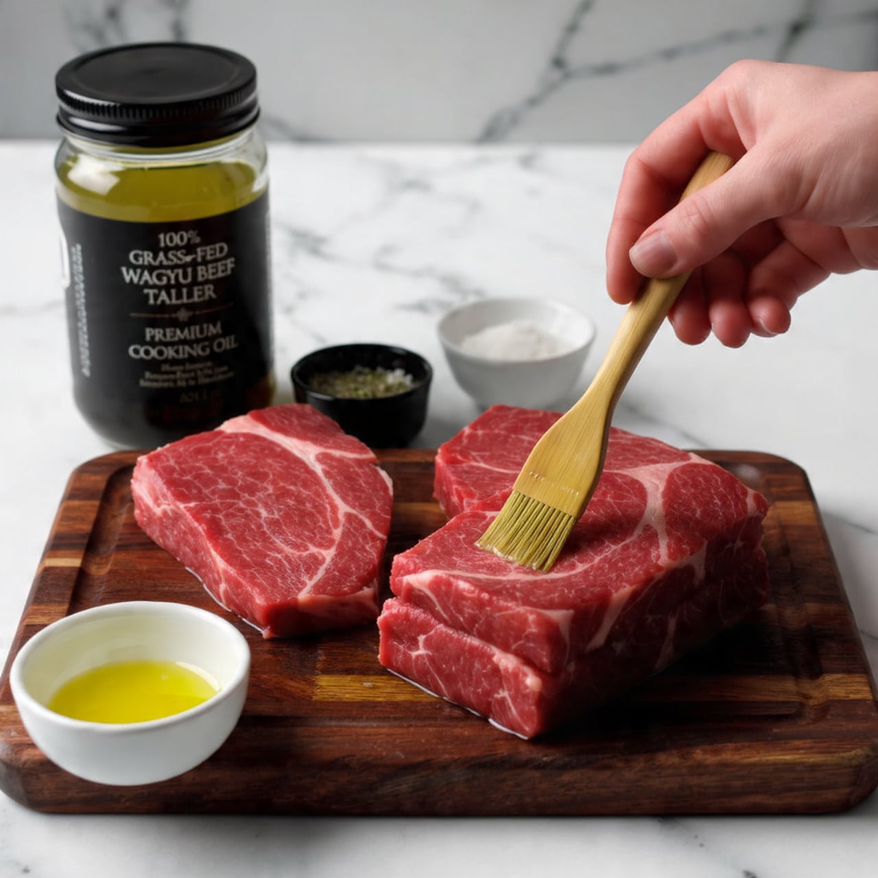 The image shows a wooden board with three raw pieces of red meat stacked loosely in the front right and middle, one piece being brushed with a light beige oil by a woman's hand holding a brush with a wooden handle on the right side. Next to the meat pieces, there is a small white bowl with pale yellow oil in the lower left and two small round bowls behind the meat, one black with green pepper and one white with white salt. Standing on the board at the top left is a jar labeled