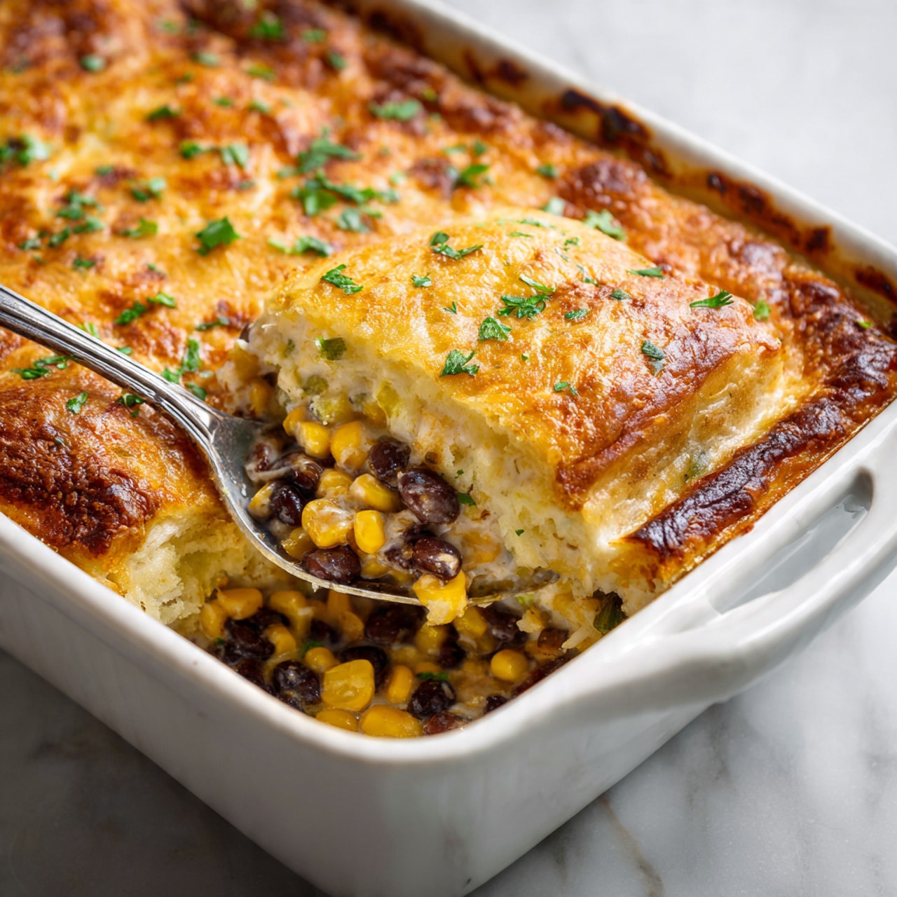 The image shows a white rectangular dish filled with a golden-brown baked casserole. The top layer is crispy and flaky with a shiny, slightly uneven texture, decorated with small bits of green herbs. A silver spoon is scooping from the dish, revealing several soft layers underneath: a creamy, light-colored sauce mixed with dark beans and corn kernels creating a spotted black and yellow contrast. The casserole filling looks creamy and thick, with the top crust firmly holding the dish together. The background surface is white marble, adding a clean, bright setting. Photo taken with an iphone --ar 4:5 --v 7