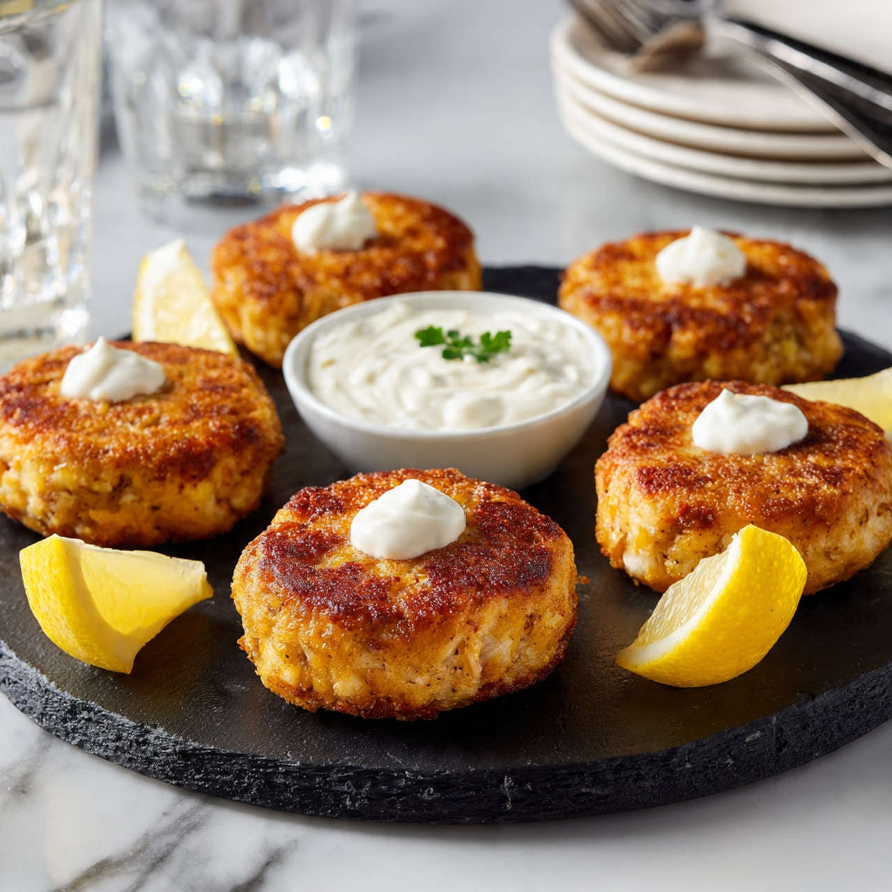 The image shows five golden-brown patties with a crispy texture on the outside, placed on a round black slate serving plate. Each patty is topped with a small dollop of white creamy sauce. There are two lemon wedges positioned on the plate, one on the left side and one on the right side next to the patties. In the middle of the plate, behind the patties, there is a small white bowl filled with more white creamy sauce, garnished with a small green herb. The background is a white marbled surface and there are clear glasses and a stack of white plates with a fork in the background. Photo taken with an iphone --ar 4:5 --v 7