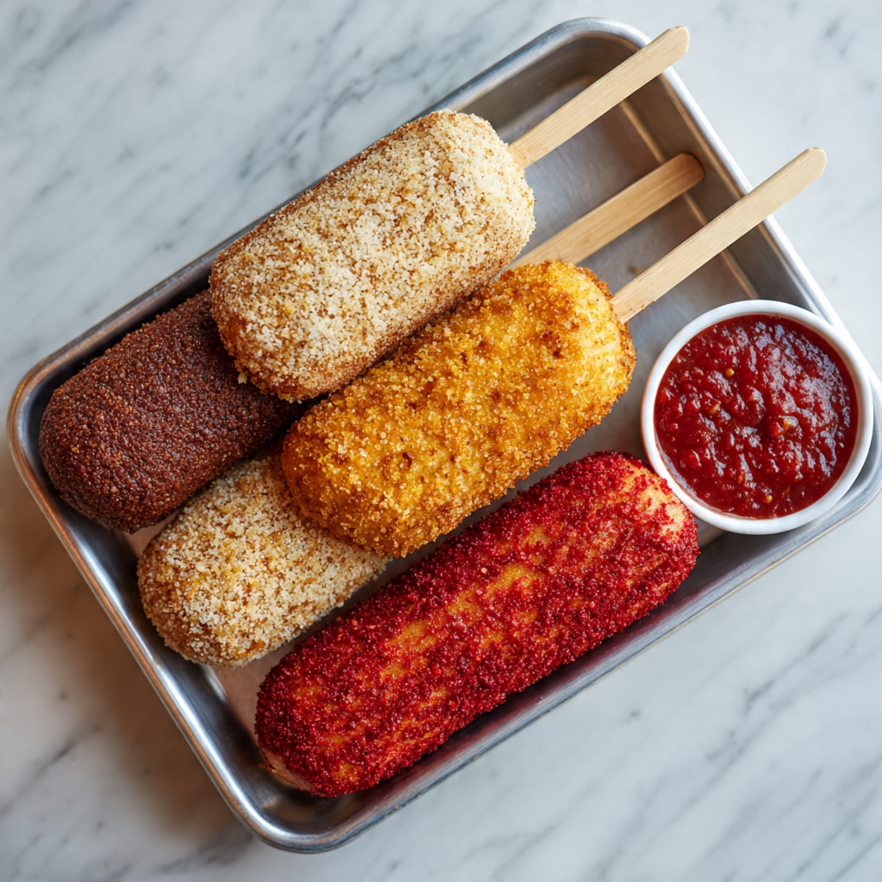 A metal tray holds four corndogs lined up side by side on wooden sticks. Each corndog has a different coating: the first is brown and crispy, the second is covered in light beige crumbs, the third is golden with a grilled texture, and the fourth is bright red and crunchy. On the right side of the tray, there is a small white bowl filled with chunky red sauce. The tray sits on a white marbled surface. Photo taken with an iphone --ar 4:5 --v 7