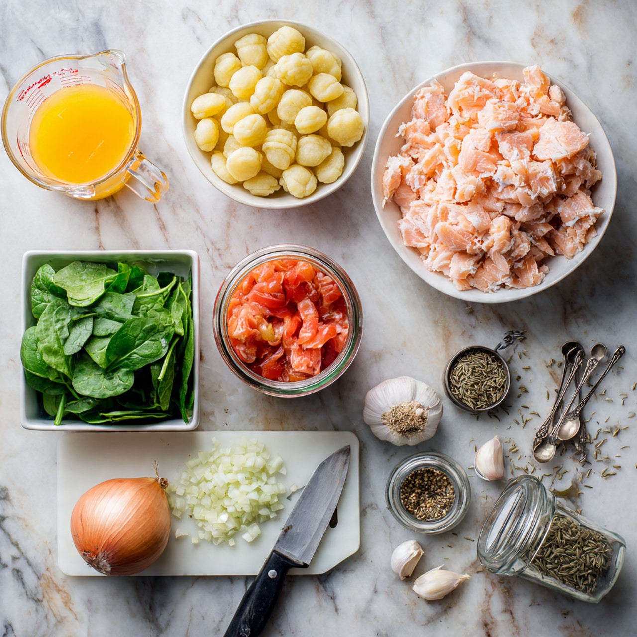 The image shows various ingredients laid out on a white marbled surface: a white bowl filled with shredded pink salmon at the top right, next to a clear plastic container of light yellow gnocchi; a glass measuring jug with bright orange-yellow liquid sits near the center; a can filled with red diced tomatoes with its lid resting open beside it; in the lower left, fresh bright green spinach leaves in a white square container; near the middle bottom, a white cutting board holds finely chopped white onion with a black-handled knife resting on it and a half white onion nearby; whole garlic cloves and a bulb of garlic are scattered around; on the right side, dried fennel seeds spill from a tilted clear glass jar; two metal measuring spoons with dried herbs and seeds lie next to the jar. Photo taken with an iphone --ar 4:5 --v 7