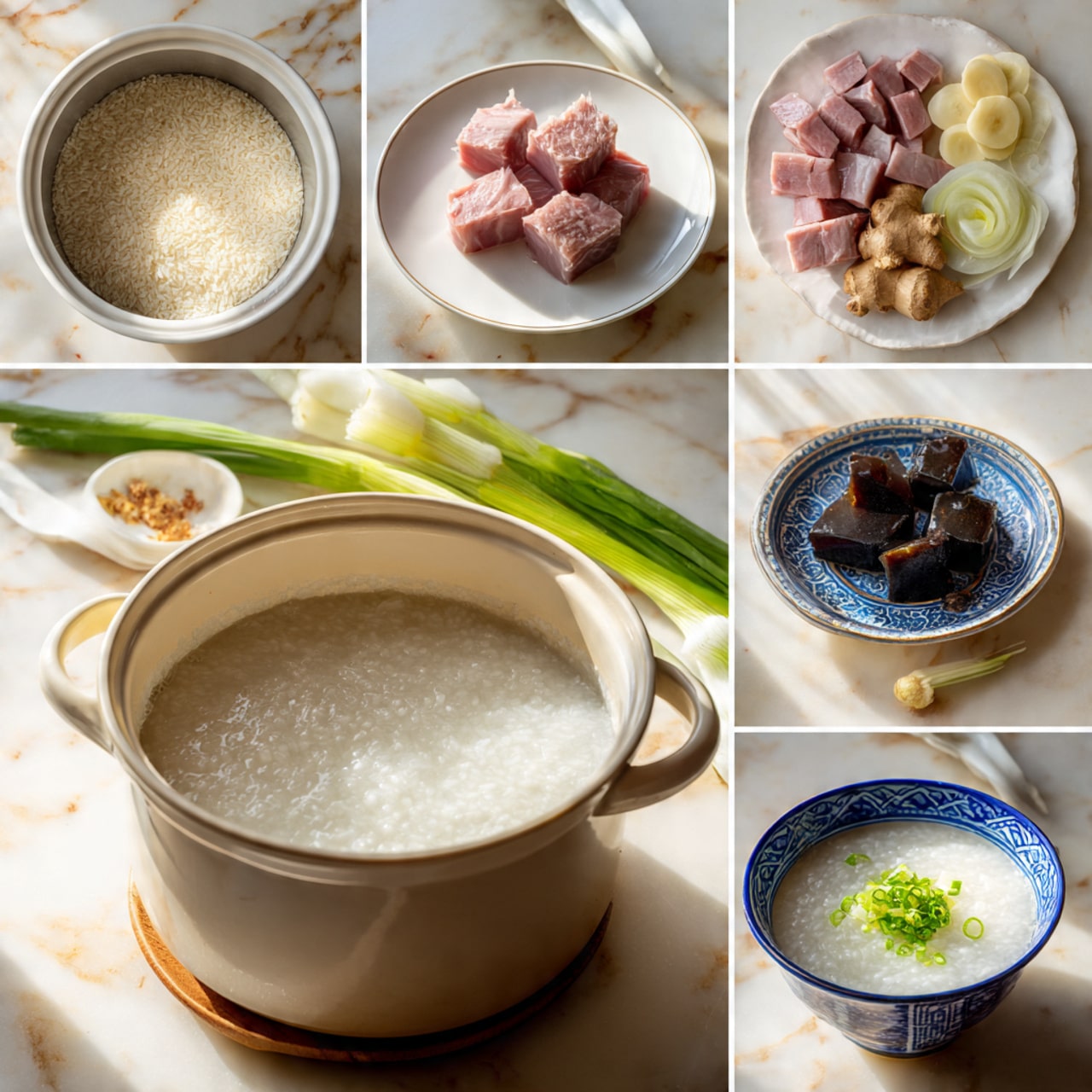 The image shows a series of steps for making congee with pork and century egg. In the first two frames, white rice soaking or cooking in a rice cooker is visible with a grainy texture. Next, on a white plate, there are raw pink pork pieces, a dark century egg, fresh ginger root, and green onions arranged neatly. Close-up shots show the century egg chopped into dark translucent brown and green pieces, and the ginger and green onion sliced thinly on a white plate. A blue and white patterned bowl holds the pink raw pork slices. Then, a pot with thick white congee is seen, followed by the same pot with pork, ginger, and green onion added, the pink pork partly covered by the white congee liquid. Finally, the congee is served in a blue and white bowl with green onions sprinkled on top, alongside a Chinese porcelain spoon inside. The whole setup is on a white marbled surface with a warm, natural light. photo taken with an iphone --ar 4:5 --v 7