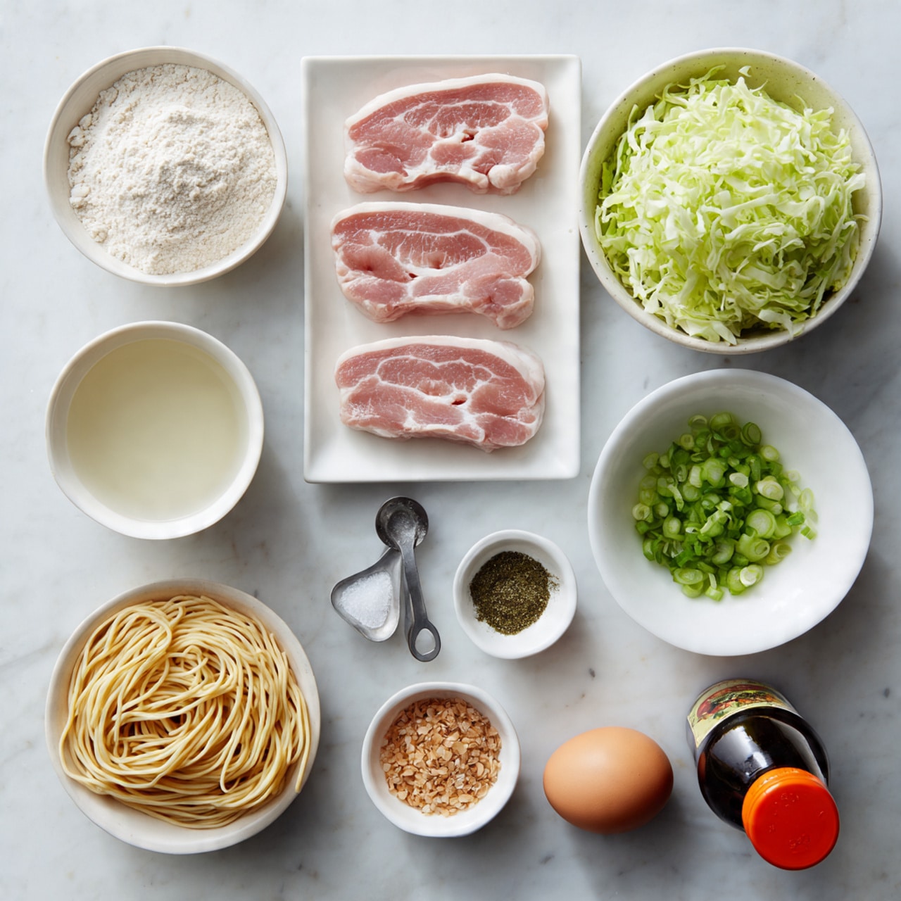 The image shows a neat arrangement of cooking ingredients on a white marbled surface, set in a grid layout. Starting from the top left, there is a small white bowl of flour, followed by a smaller bowl of clear liquid, and next to it are five slices of raw pink pork with white fat streaks. On the far right in the top row is a white bowl filled with finely shredded pale green cabbage. Below, there is a small empty white bowl, a small metal measuring spoon holding brown flakes, a white bowl with bright green chopped spring onions, and another metal spoon filled with small light brown crunchy bits. In the bottom row, a pile of pale yellow uncooked noodles sits on the left, with a brown egg placed near the center. Next to the egg is a small clear bowl with green dried herbs, followed by a dark brown bottle with an orange cap and a tall bottle with light yellow sauce and a red cap on the right. The image is clean, bright, and evenly lit with no shadows, photo taken with an iphone --ar 4:5 --v 7