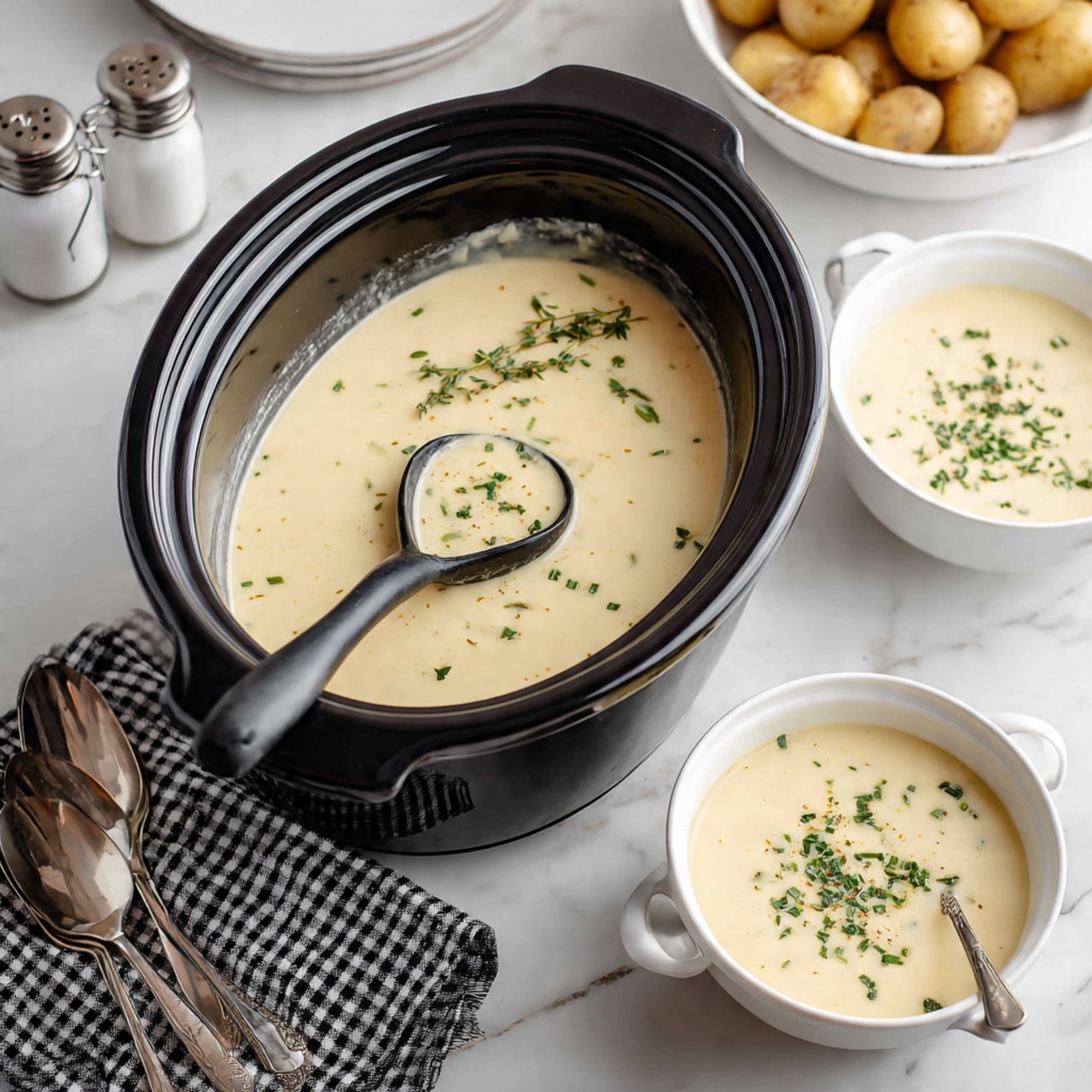 The image shows a black slow cooker filled with creamy light beige soup, garnished with small green herb pieces on top. A black ladle is resting inside the slow cooker. In front, there are two white bowls with handles filled with the same creamy soup, each topped with chopped green herbs. The scene is set on a white marbled surface, with a white dish holding potatoes in the background and a white plate with salt and pepper shakers to the left. Two silver spoons rest on a black and white checkered cloth near the bowls. Photo taken with an iphone --ar 4:5 --v 7