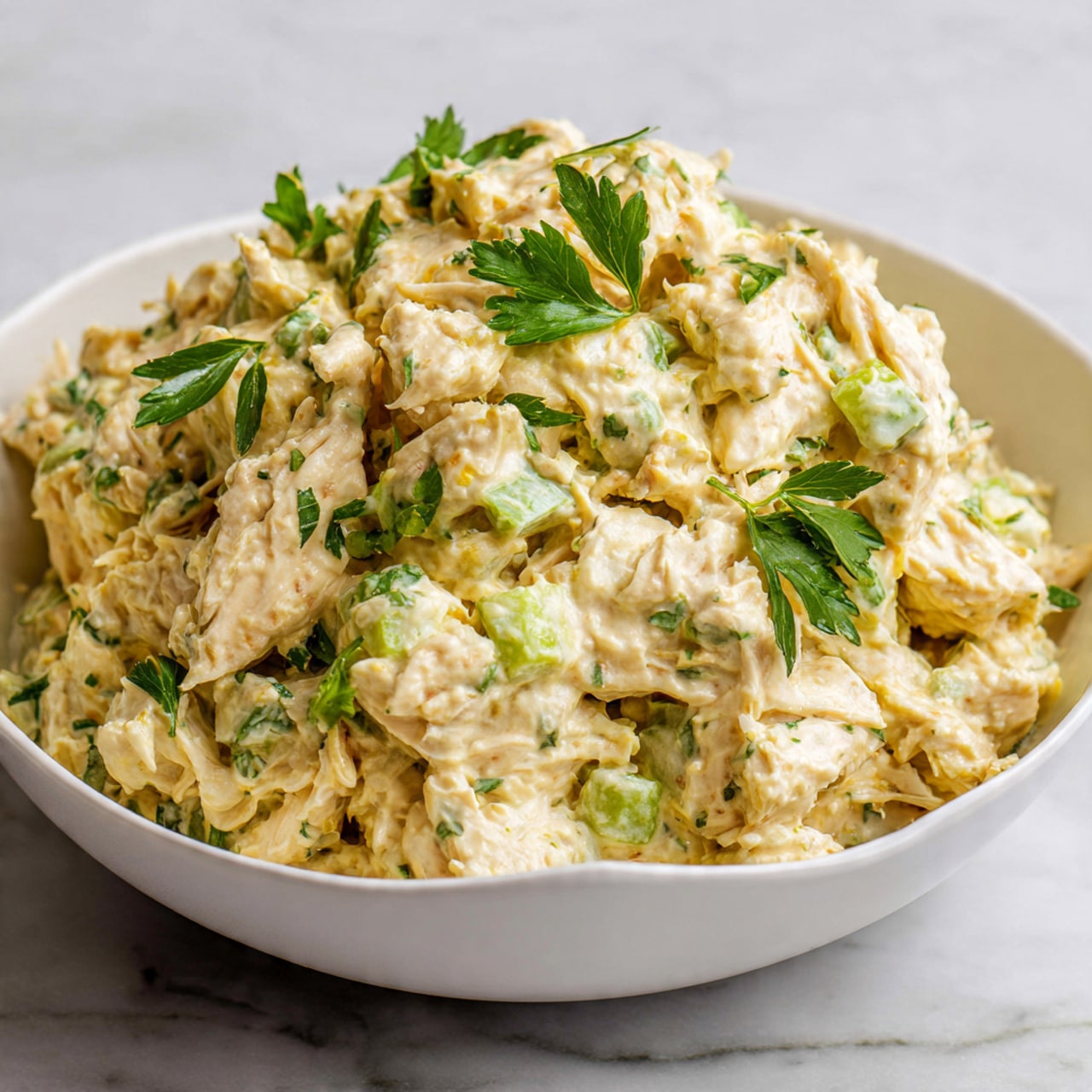 The image shows a close-up of a creamy chicken salad with a mix of light beige shredded chicken and small green celery pieces all coated in a thick, pale yellow mayonnaise-like dressing. Bright green parsley leaves are scattered over the top, adding a fresh color contrast. The salad is served in a white bowl with a smooth, curved edge, placed on a white marbled surface. The texture looks soft and chunky with visible bits of celery and herbs throughout the dish photo taken with an iphone --ar 4:5 --v 7