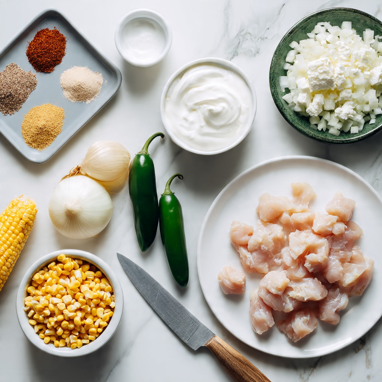 The image shows an arrangement of cooking ingredients on a white marbled surface. There is a white plate filled with small pieces of raw chicken in the middle-right, next to two fresh green jalapeños. In the bottom middle, there is a small pile of yellow corn kernels with half an ear of corn beside it. To the left, there is a white bowl with chopped white onions and a sharp knife nearby. Above the onions, there is a round green container holding crumbled white cheese. Above the chicken plate, there is a white bowl with sour cream. On the top left, a gray tray holds four small piles of different spices: dark red, light brown, mustard-yellow, and pale beige. The scene looks clean and bright, perfect for starting to cook, photo taken with an iphone 1:1