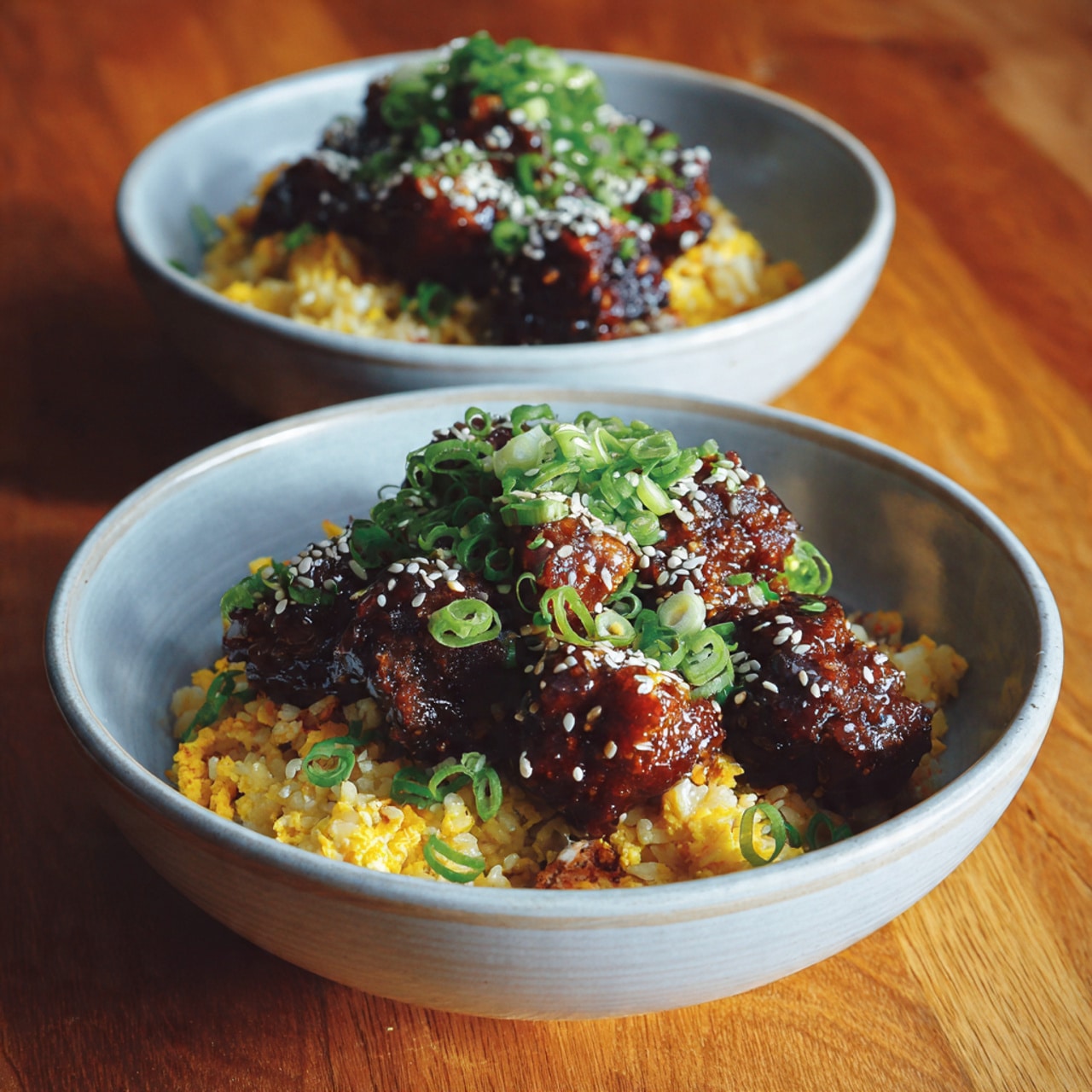 Two white bowls sit on a wooden table, each filled with two layers. The bottom layer is yellow fried rice mixed with small bits of egg, showing a soft and slightly oily texture. On top is a layer of dark brown glazed cauliflower pieces, coated in a shiny sauce and sprinkled with white sesame seeds and chopped green onions, creating a fresh contrast. The bowls have a simple look with a smooth light grey inside finish, and the lighting highlights the glossy texture of the sauce and the grains of the rice. photo taken with an iphone --ar 4:5 --v 7