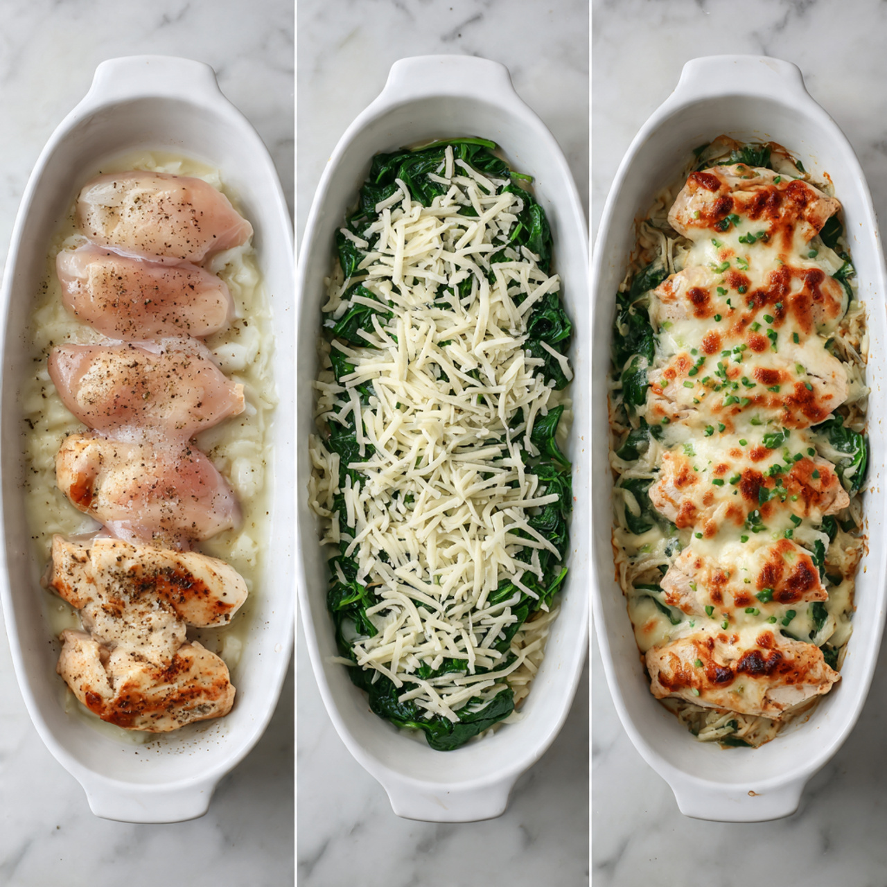 The image sequence shows the preparation of a baked chicken dish in a white oval dish on a white marbled surface. The first layer has four raw chicken pieces arranged side by side, showing a light pink color with some seasoning. The second layer features the chicken topped with a thick, white sauce spread evenly on each piece. In the third layer, roughly chopped green spinach leaves are placed on top of the sauce, covering the chicken pieces. The fourth layer covers the spinach with a generous amount of shredded white cheese. The final image shows the cooked dish with a golden melted cheese crust, some browned spots, and visible green spinach peeking through, creating a textured and colorful baked surface. Photo taken with an iphone --ar 4:5 --v 7