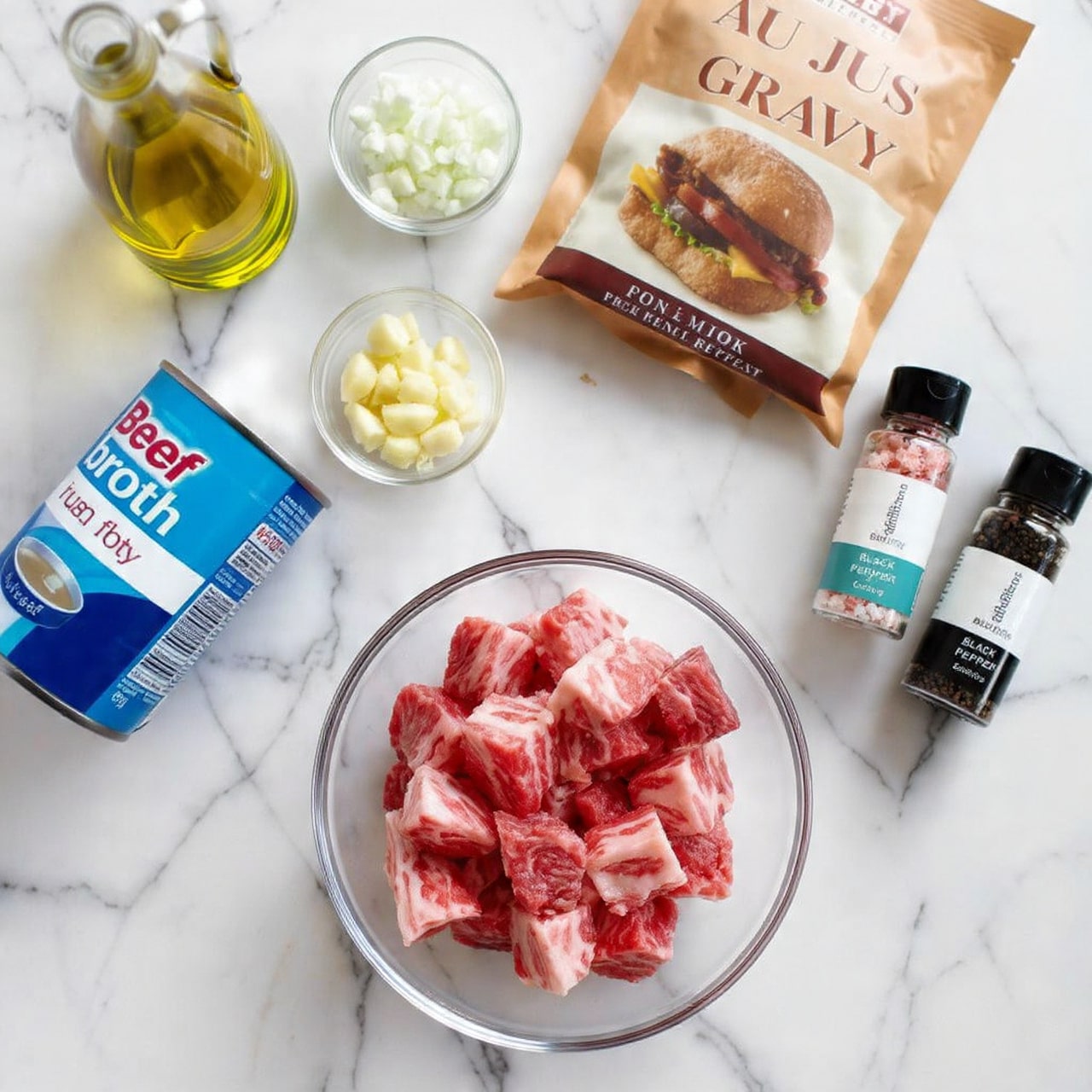 A clear glass bowl filled with many cubes of raw beef showing red and white marbling sits near the bottom of the image on a white marbled surface. Above the bowl, there is a brown packet labeled