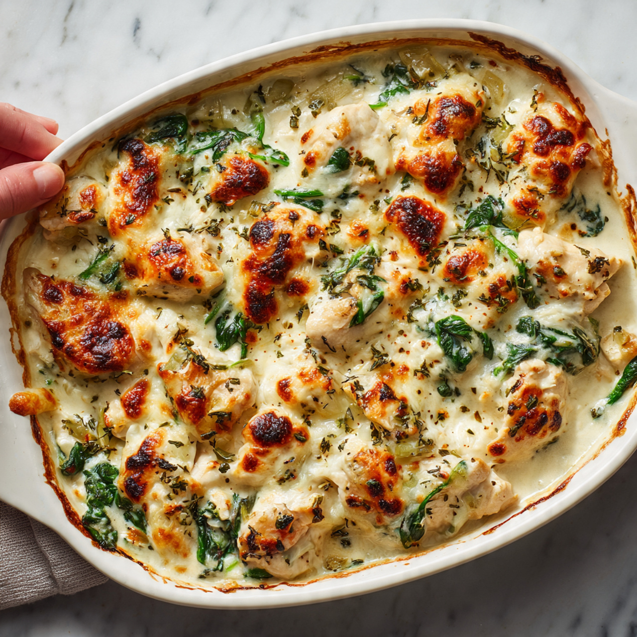 This image shows a white baking dish filled with a creamy baked chicken and spinach dish. The top layer is golden brown with melted cheese and browned spots, giving it a slightly crispy texture. Underneath, you see soft, white pieces of chicken mixed with creamy white sauce and vibrant green spinach leaves spread evenly throughout. The dish sits on a white marbled surface, and in the top left corner, a woman's hand holds the edge of the dish. The overall look is hot, cheesy, and fresh, with a warm, inviting texture. photo taken with an iphone --ar 4:5 --v 7