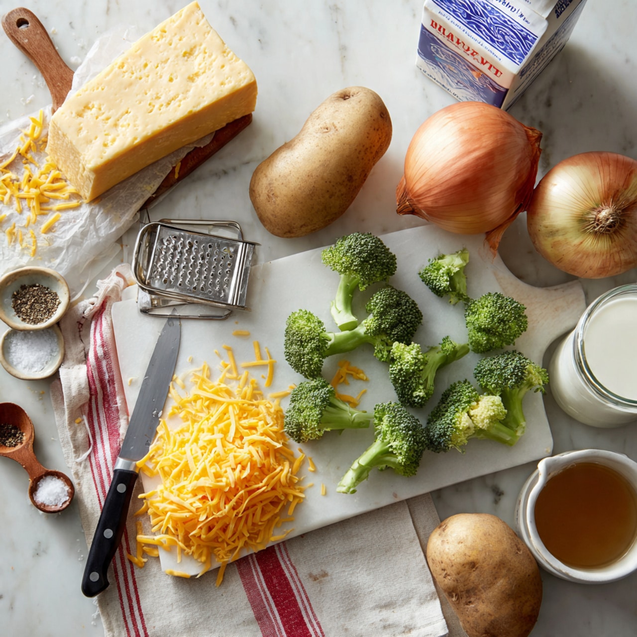 A white marbled surface is covered with ingredients for cooking, showing three large light brown potatoes, one whole yellow onion with skin, and multiple green broccoli pieces scattered around a white cutting board near a knife with black handle. Next to the cutting board, bright orange shredded cheddar cheese forms a small pile with some cheese inside a metal box grater. Nearby, a block of cheddar cheese still in its blue and red wrapper and a carton of milk lean against each other. Small white bowls contain black pepper and salt with tiny wooden spoons. A white kitchen towel with red stripes rests folded on the side. A jar of light brown liquid, possibly broth or sauce, is at the bottom. photo taken with an iphone --ar 4:5 --v 7