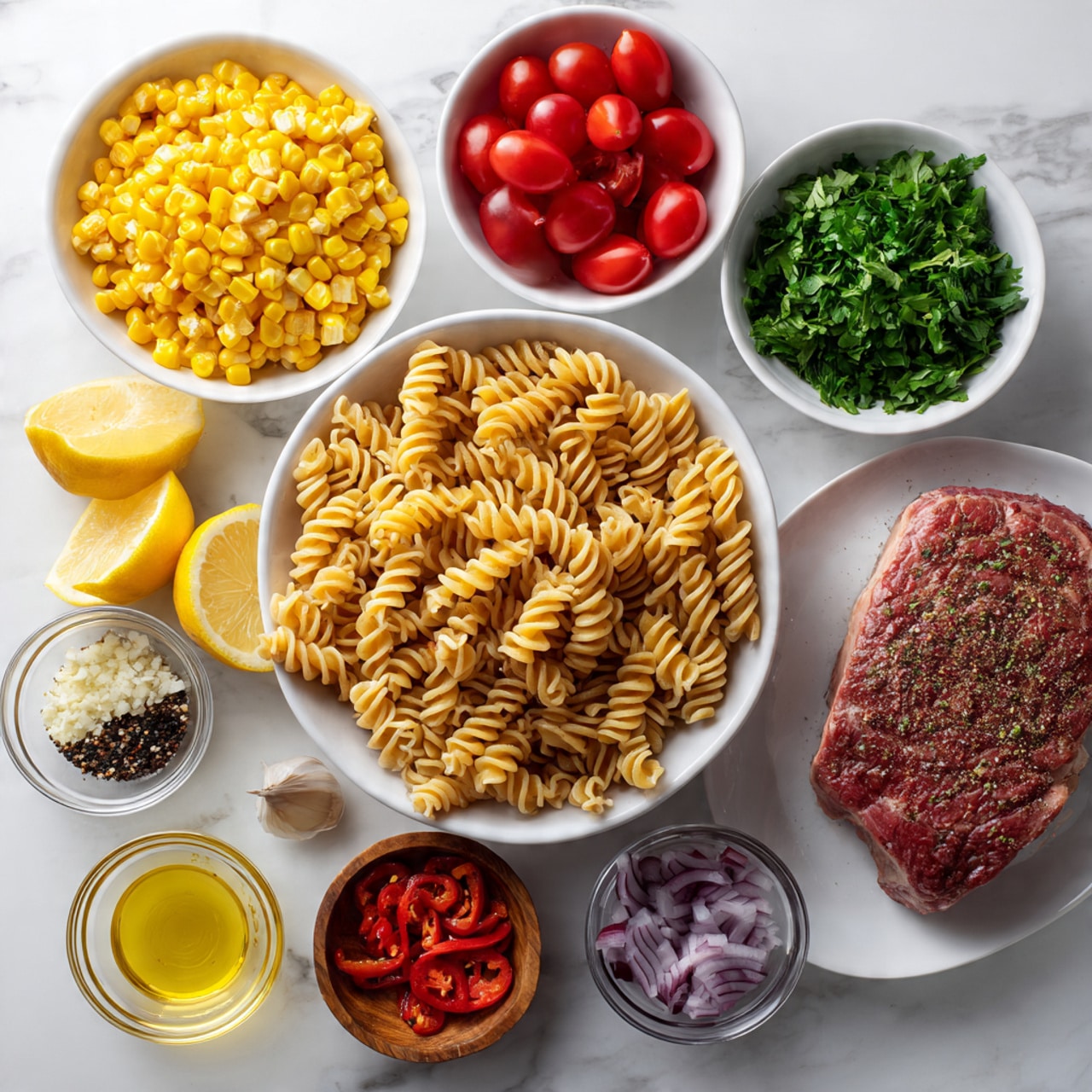 The image shows a white bowl in the center filled with light brown, wavy pasta pieces. Surrounding it are smaller white bowls; at the top left, bright yellow grilled corn kernels, above that, bright red halved cherry tomatoes, and to the right of the pasta, fresh chopped green herbs in a small white bowl. Next to the herbs are two lemon halves, bright yellow with visible juice sacs. Below the lemons, two small clear glass bowls hold light golden oil and dark reddish-brown vinegar. On the bottom right, a white plate holds a thick, marbled raw steak seasoned with salt and pepper. Around the steak, there are small white bowls with dark red roasted peppers, finely chopped light purple shallots, and chopped green parsley. A tiny wooden bowl with light yellow minced garlic is also present. All items rest on a white marbled texture. Photo taken with an iphone --ar 4:5 --v 7