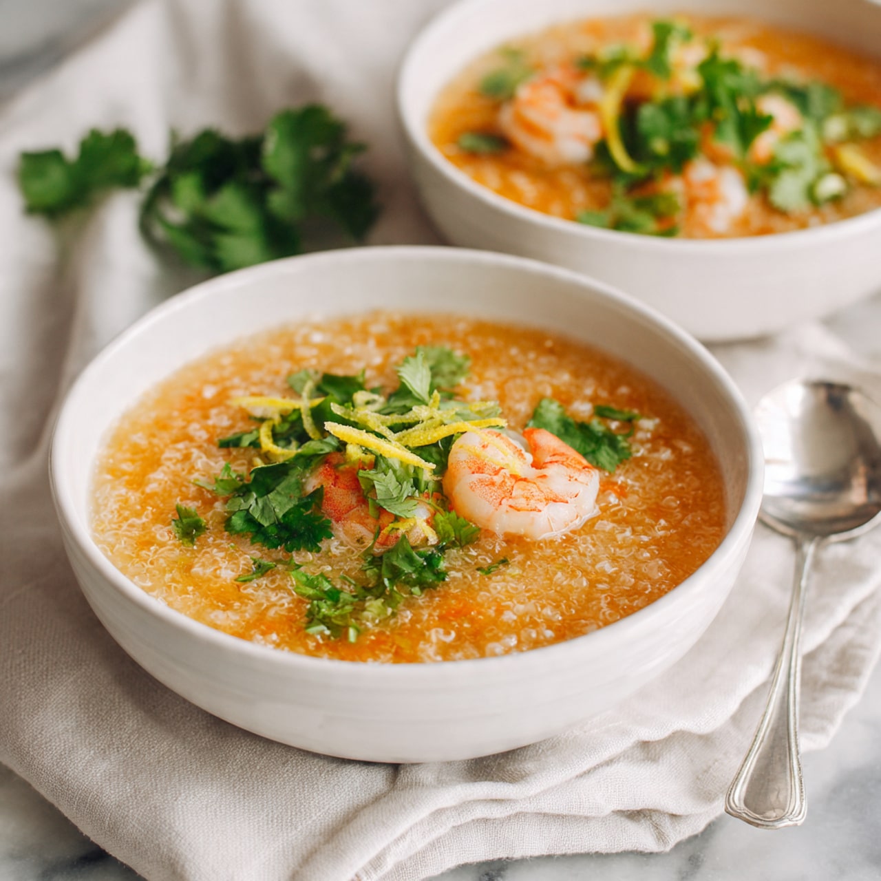 A close-up view of two white bowls filled with a thick shrimp soup. The soup has a light orange color with visible grains and small shrimp throughout. On top, there are green fresh cilantro leaves and thin, light yellow strips that look like ginger, providing texture and color contrast. One bowl is placed in the front on a white linen cloth, and the other is slightly blurred in the background on a white marbled surface. A white ceramic spoon rests beside the front bowl. photo taken with an iphone --ar 4:5 --v 7
