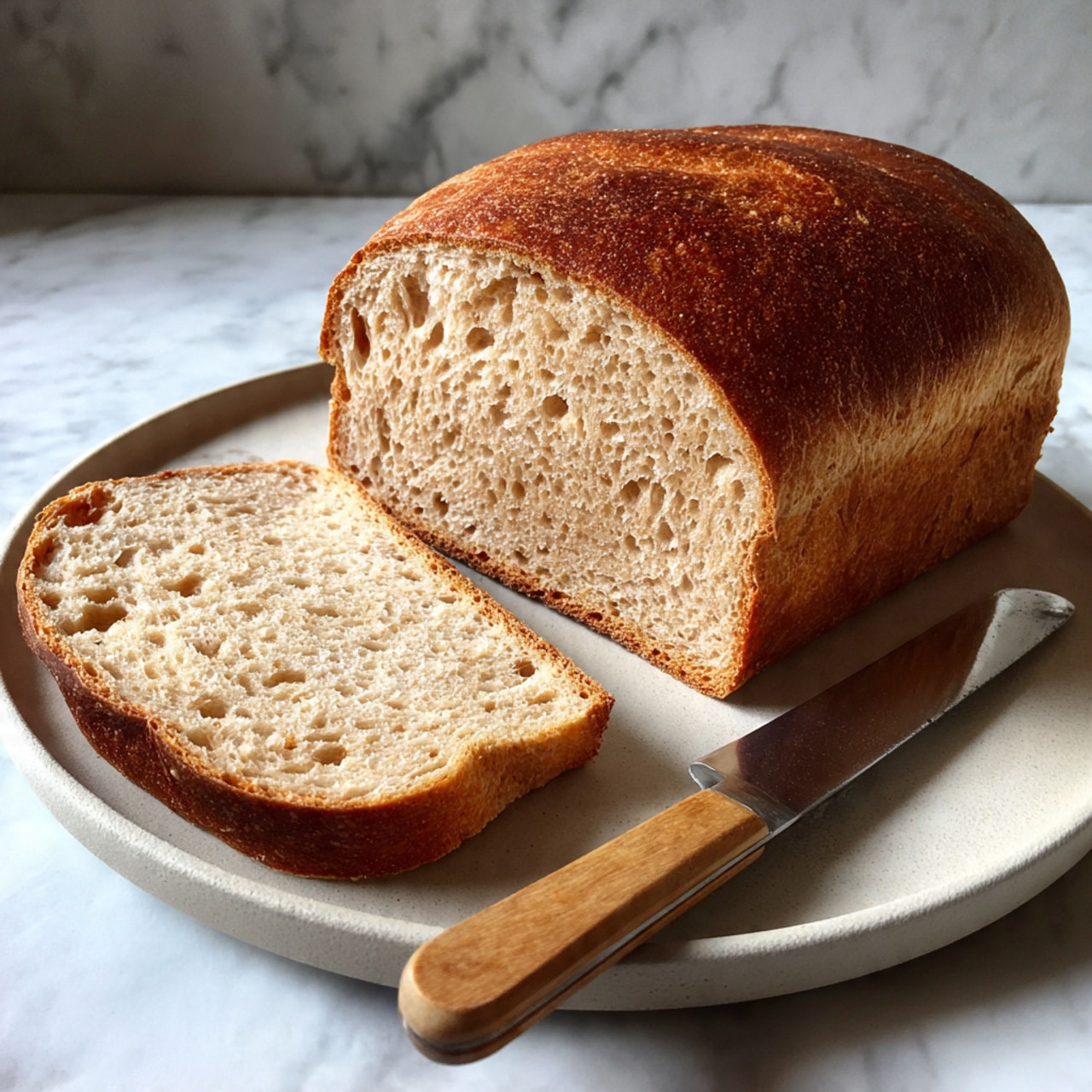 A loaf of bread with a golden brown crust sits on a round white plate with a visible texture of small holes inside the soft, light brown bread. One slice is cut and lies flat in front of the loaf. A knife with a wooden handle rests on the plate next to the bread. The background is a white marbled surface. photo taken with an iphone --ar 1:1