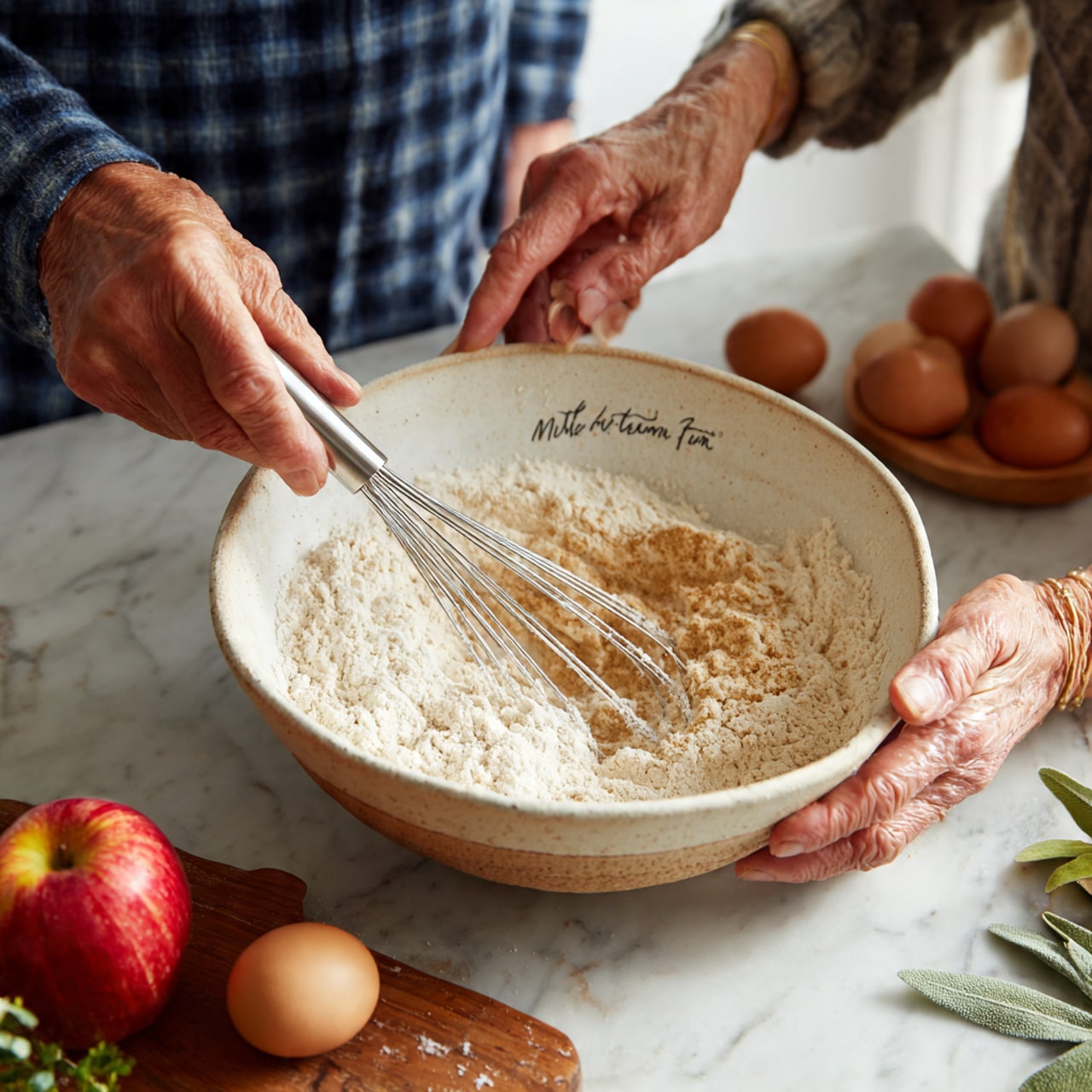 A white bowl with a rough light brown base holds a mix of dry light brown ingredients. A woman's hand is whisking inside the bowl with a silver whisk, while another woman's hand holds the bowl steady from the bottom. Nearby, there is a red and yellow apple resting on a wooden board, and two eggs sit on a white marbled surface, along with some green leaves. The person wearing a blue and white checkered shirt is in the background. Photo taken with an iphone --ar 4:5 --v 7