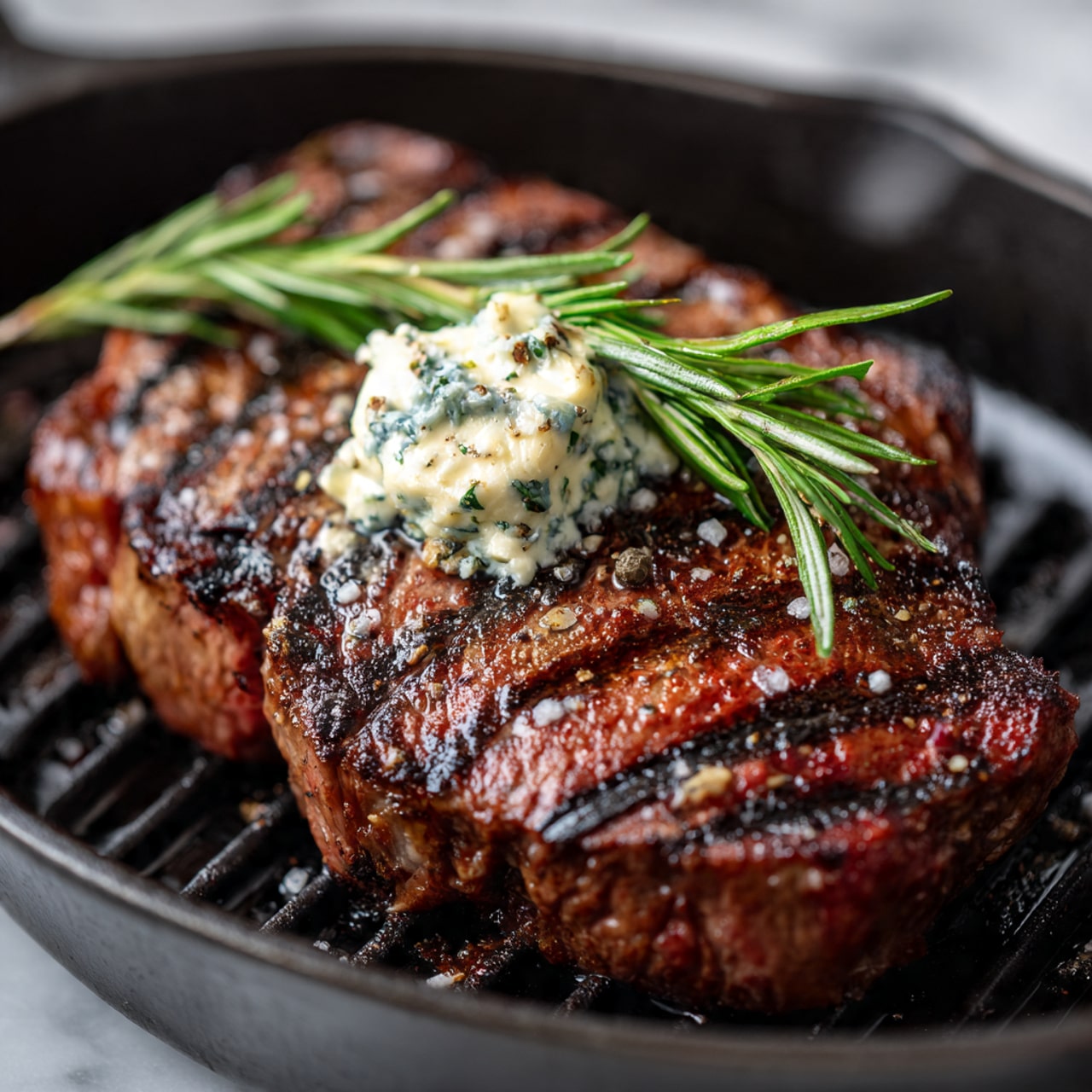 A thick, medium-rare steak with a dark brown, grilled outside and a bright pink, juicy inside is placed on a grill pan. On top of the steak is a soft, melting pat of white butter with black pepper sprinkled over it. There are coarse salt crystals and cracked black pepper spread across the surface of the steak. Two sprigs of fresh green rosemary lay diagonally across the steak, adding a bright touch. The background shows a white marbled texture beneath the grill pan. photo taken with an iphone --ar 4:5 --v 7