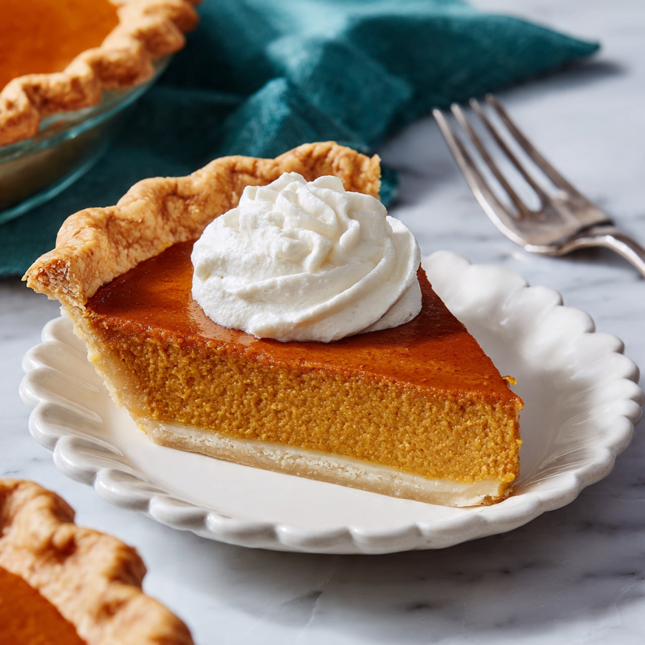 A single slice of pumpkin pie with a smooth, orange filling sits on a white plate with scalloped edges, topped with a swirl of white whipped cream at the center. The golden brown crust is thick and crimped around the edges, surrounding the pie slice evenly. The plate rests on a white marbled surface, with part of the whole pumpkin pie visible in the bottom left corner and a teal cloth in the upper right background. A silver fork lies to the right of the plate. photo taken with an iphone --ar 4:5 --v 7