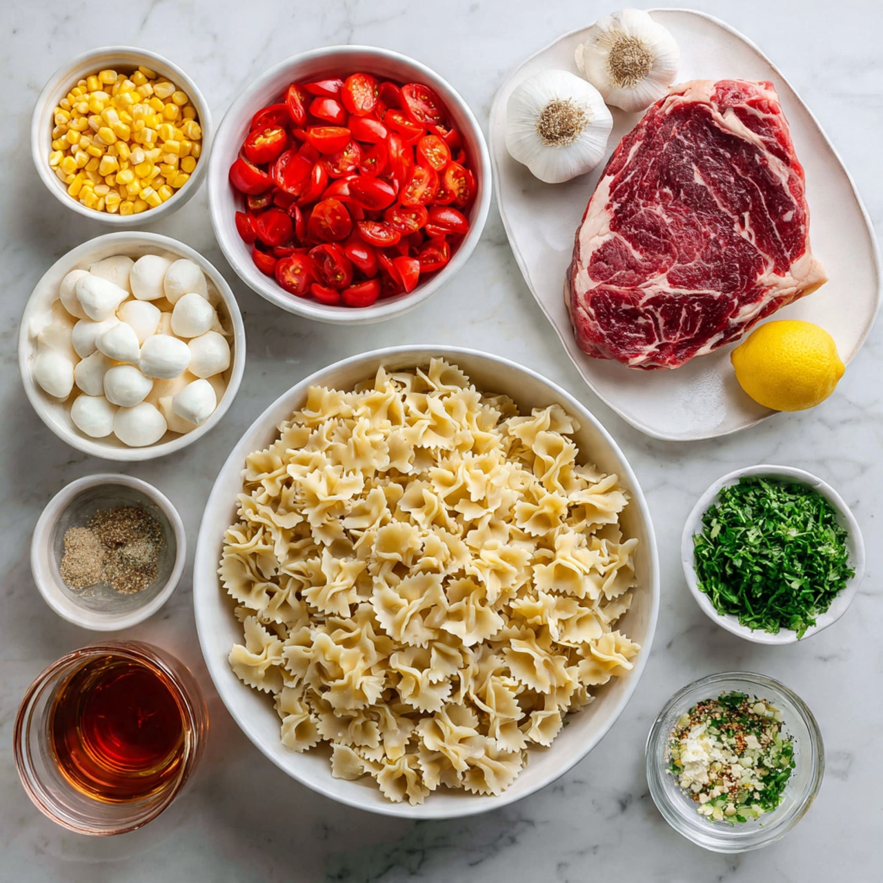 A large white bowl filled with uncooked ruffled pasta in a light beige color is at the center. Around it are smaller white bowls, each holding different ingredients: bright red chopped tomatoes, yellow grilled corn, white mozzarella balls, and red roasted peppers. Two halves of a lemon with bright yellow skin are placed near the top right. Next to the pasta and bowls are small containers with chopped green herbs, minced garlic, and finely chopped shallots, all on a white marbled surface. A white plate holds a big raw steak, seasoned with salt and pepper, displaying deep red and marbled white fat. Also on the side are two small glass cups with amber and reddish liquids. photo taken with an iphone --ar 4:5 --v 7