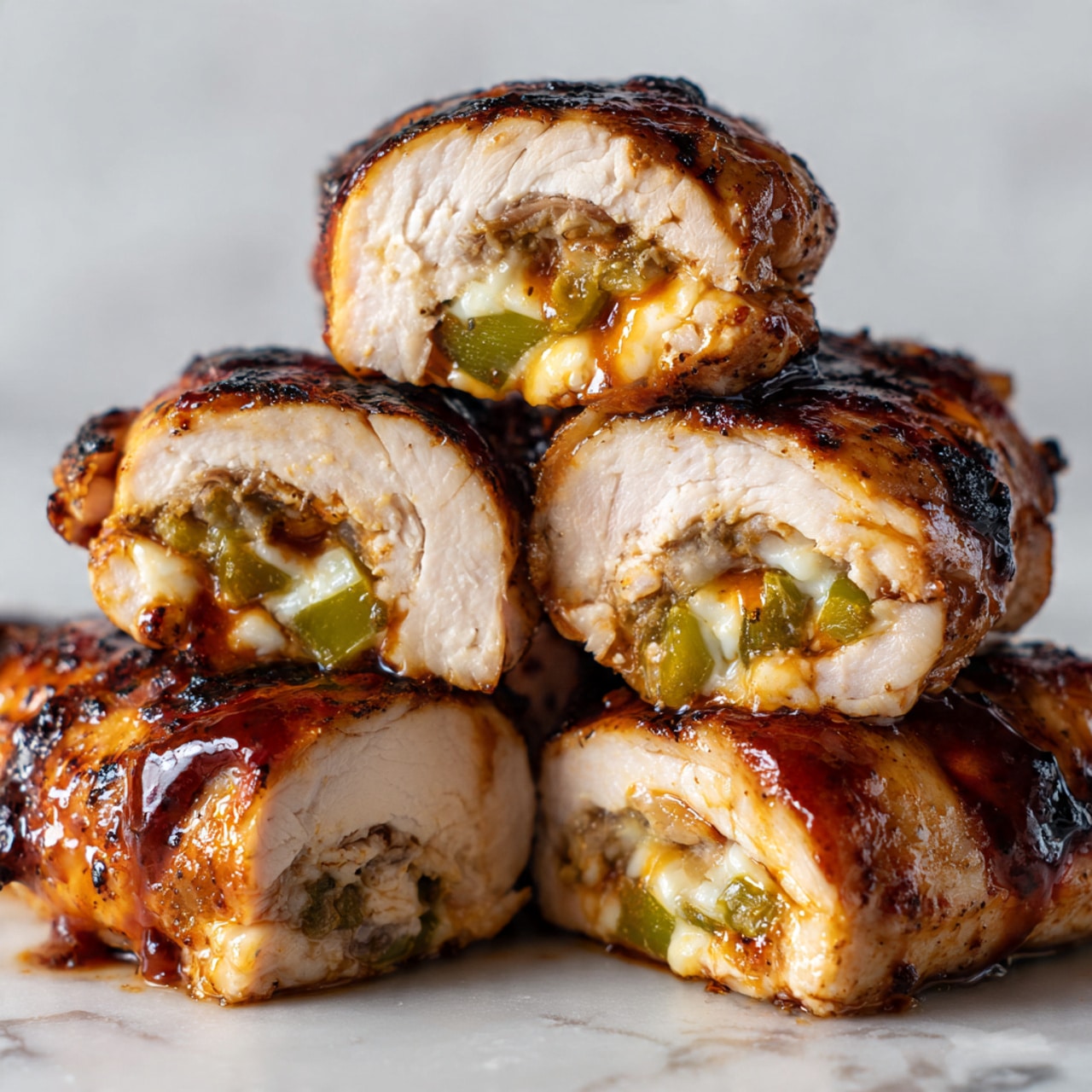 A close-up of five pieces of grilled chicken rolled and stacked, with the top three pieces sliced in half showing the layers inside. Each roll has a golden-brown grilled outer layer with a glossy, dark brown glaze. Inside, there are three visible layers: an outer cream-colored chicken layer, a middle melted cheese layer that is light yellow-orange and creamy, and an inner bright green pepper slice. The pieces are piled neatly against a simple white marbled background. The focus is sharp on the texture of the chicken and cheese filling, highlighting the juicy and tender look of the dish. photo taken with an iphone --ar 4:5 --v 7