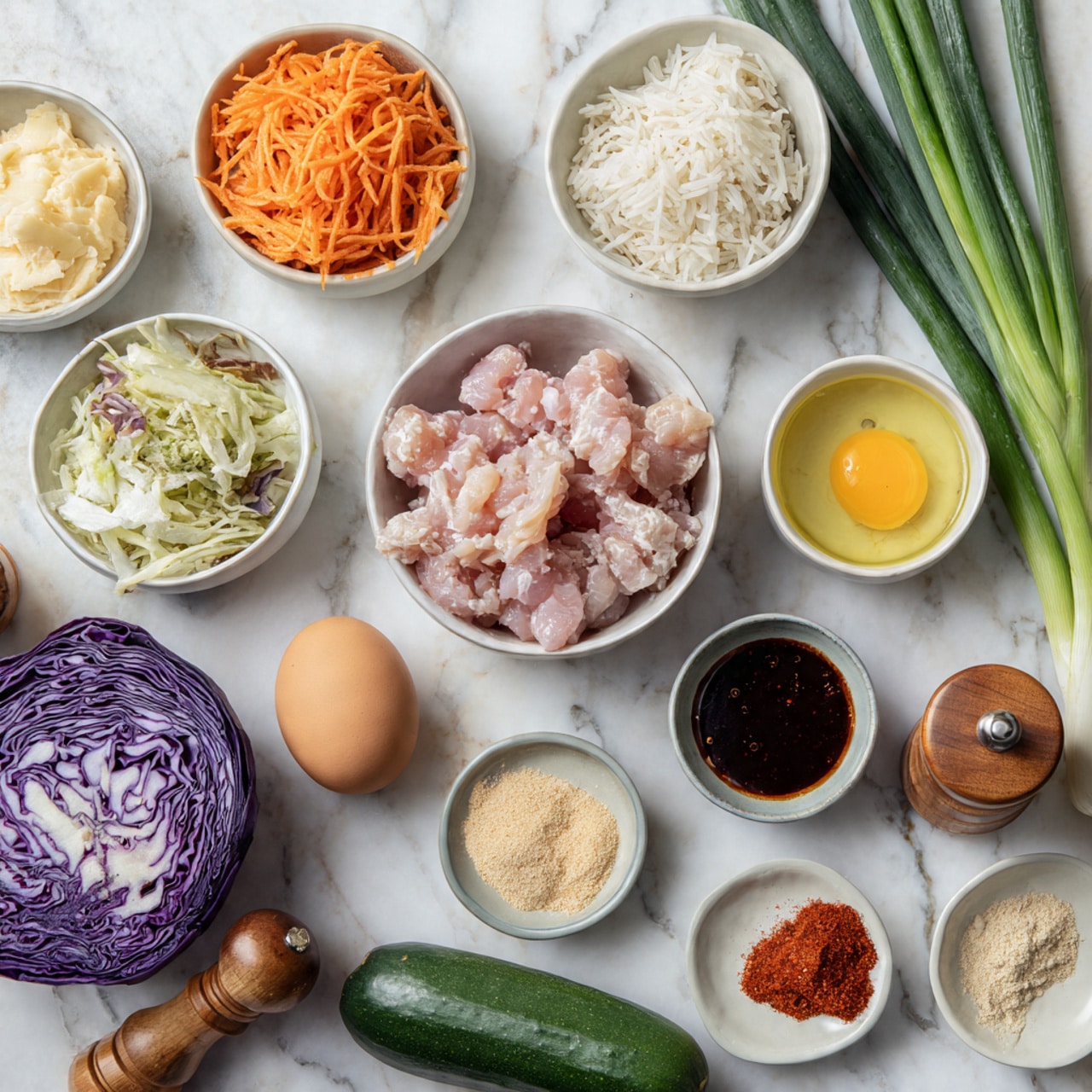 The image shows an overhead view of various cooking ingredients arranged neatly on a white marbled surface. At the center is a white bowl filled with small raw pink chicken pieces. Surrounding it are different small white bowls and dishes holding shredded orange carrots, white rice, a greenish crumbly ingredient, mayonnaise, and a yellowish liquid. There is also a whole brown egg, a fresh green cucumber lying horizontally, and a half piece of purple cabbage with detailed veins. Some green onions with long stalks are on the right side next to a small dark container with red sauce, a wooden pepper grinder, and three small plates containing dark brown and red sauces and a light beige powder. photo taken with an iphone --ar 4:5 --v 7