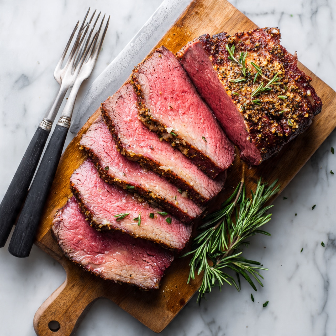 The image shows a wooden cutting board on a white marbled surface with several slices of medium-rare roast beef arranged in a slightly overlapping way in the center. The meat layers vary in color from deep pink inside to a browned, seasoned crust on the outside. On the left side, there is a large metal knife and a fork with black handles resting on the board. Two sprigs of fresh rosemary are placed on the right side of the meat, adding green accents. There are some meat juices visible on the board, adding a glossy texture. photo taken with an iphone --ar 4:5 --v 7