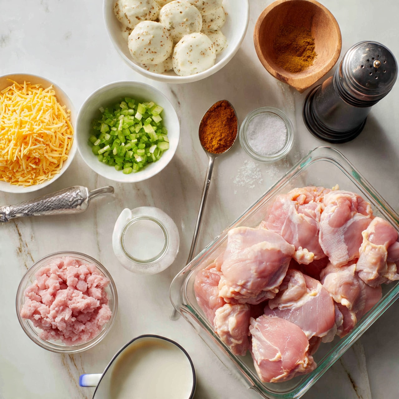The image shows raw chicken thighs placed in a clear plastic tray on a white marbled surface, surrounded by various small white bowls and containers. One bowl contains small green chopped celery, another holds shredded yellow cheese, and a third has creamy white sauce with round dollops on top. There is a small glass cup filled with finely chopped pink raw meat or ham, a black pepper grinder, and a tiny bowl of white salt. A metal teaspoon filled with an orange spice rests nearby, along with a small wooden bowl of white granulated salt and a small white container of milk. The scene is clean and well-lit. photo taken with an iphone --ar 4:5 --v 7