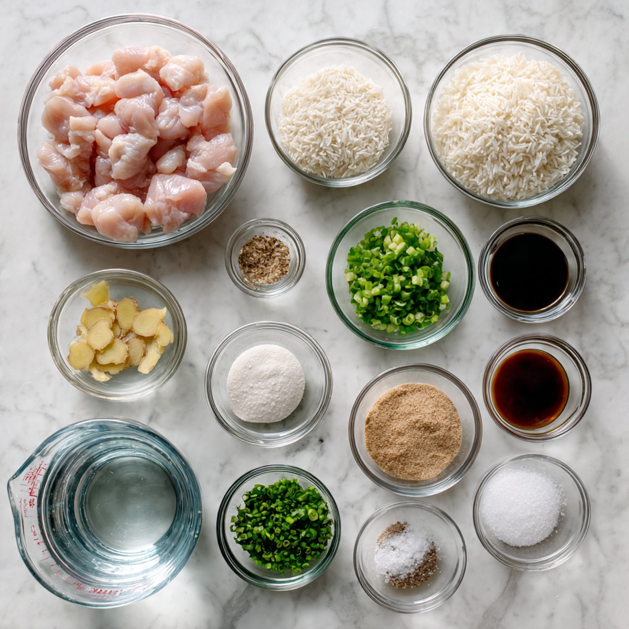 The image shows several clear glass bowls and a measuring cup arranged neatly on a white marbled surface. There are eleven bowls in total: one bowl contains light pink raw chicken pieces, another has uncooked white rice, one has pale green chopped scallions, one has white powder (likely cornstarch), one has light brown powder (likely ground ginger), one has small light yellow pieces (ginger slices), one has dark brown liquid (soy sauce), one has clear liquid (vinegar), one has green chopped herbs, one has white granulated salt, and one has another light brown powder. A clear glass measuring cup filled with water is also visible on the bottom left side photo taken with an iphone --ar 4:5 --v 7
