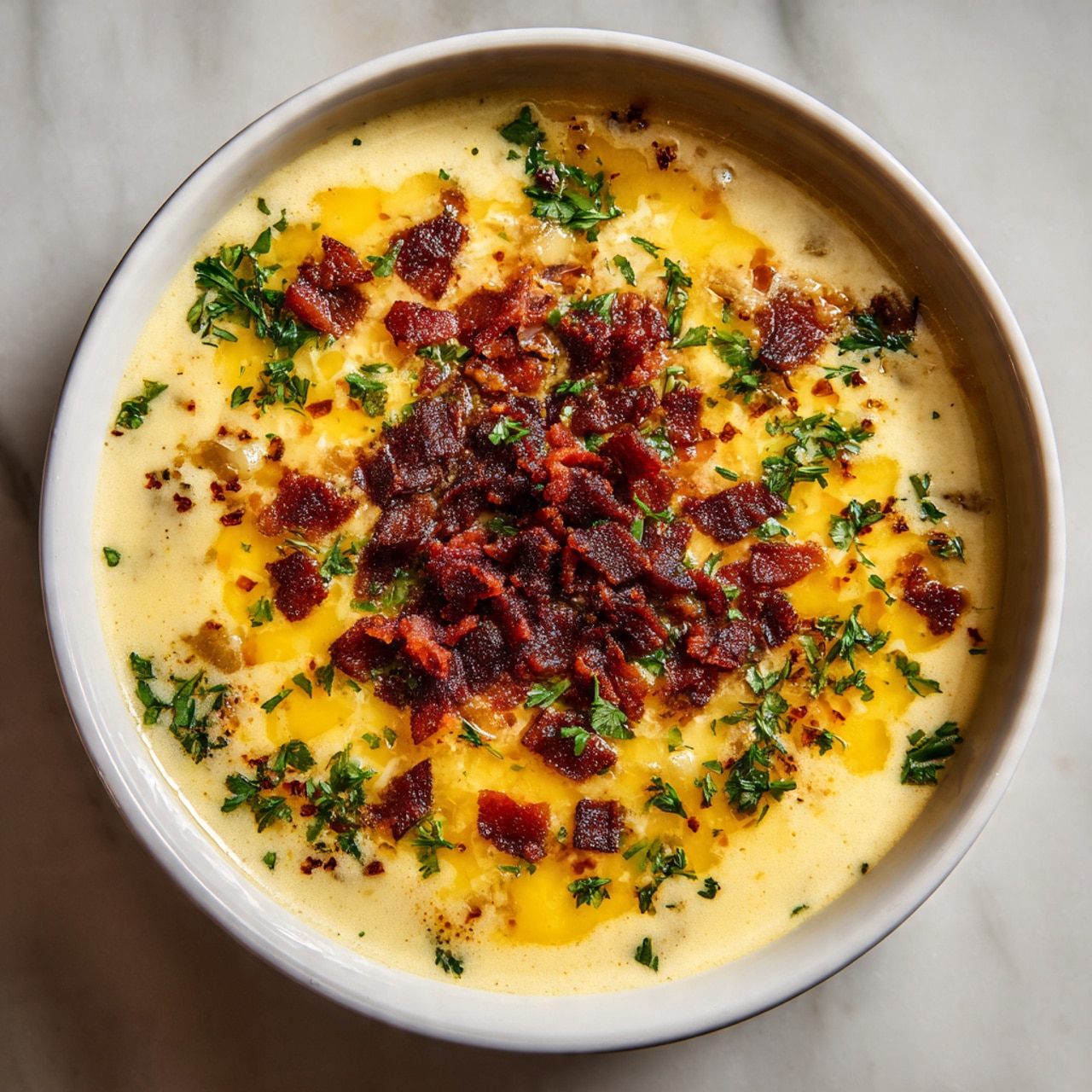 A close-up view of a creamy soup in a white bowl sitting on a white marbled surface, featuring a rich yellow cheese layer spread evenly from the middle to the edges, topped with a heap of crispy dark red-brown bacon bits clustered at the center, and scattered green parsley leaves all over for a fresh touch. The soup base is smooth and pale with visible small chunks of potatoes beneath the cheese and bacon, adding texture. Warm lighting highlights the glossy surface and the rich colors of the cheese and bacon, enhancing the dish's inviting appearance. photo taken with an iphone --ar 4:5 --v 7