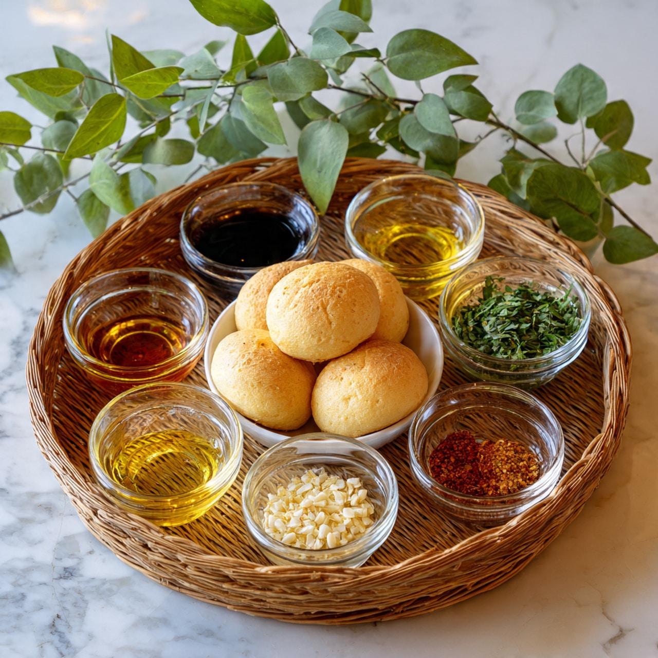 A round wicker tray holds eight small glass bowls and a white bowl filled with round, pale yellow bread rolls with light brown cracks. The glass bowls contain different ingredients: a dark brown liquid, a golden liquid, chopped green herbs, light yellow chopped garlic, small white seeds, and a reddish-brown spice. The tray rests on a white marbled surface with green leaves hanging above it, adding a fresh touch. photo taken with an iphone --ar 4:5 --v 7