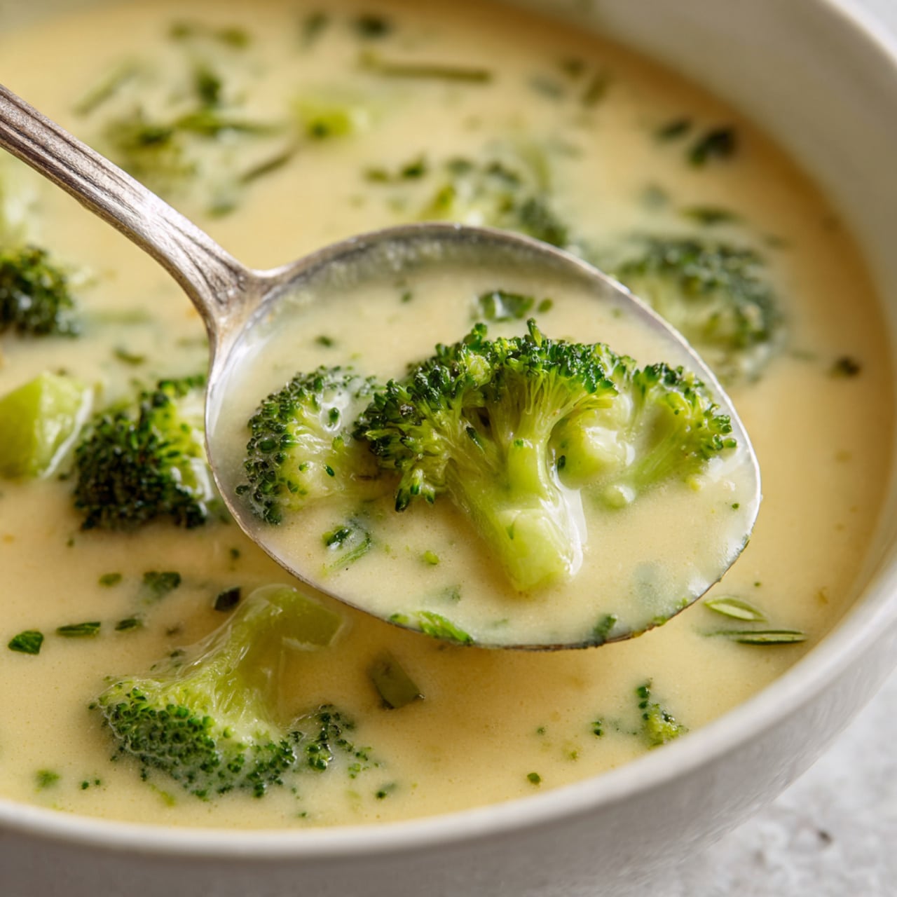 A close-up view of a creamy soup with visible bright green broccoli florets and light green broccoli stems floating inside a thick, pale yellow broth, held by a large silver ladle. The soup appears smooth with small bits of broccoli bits spread around, and the ladle is scooping up a few broccoli pieces. The edge of a white bowl is just visible at the bottom with a white marbled texture background. photo taken with an iphone --ar 4:5 --v 7