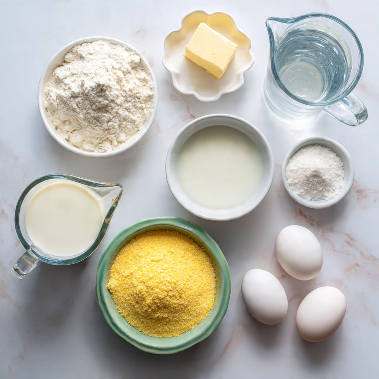 A top view of ingredients placed on a white marbled surface, including a large clear glass measuring cup filled with white milk in the bottom left, a medium white bowl with a small amount of white liquid next to it, and a green bowl filled with bright yellow cornmeal in the center. Around these are three white eggs near the top right, a clear glass pitcher with water on the right side, a small white scalloped dish holding a piece of light yellow butter above the eggs, and two small bowls at the top left containing white salt and white flour. photo taken with an iphone --ar 4:5 --v 7