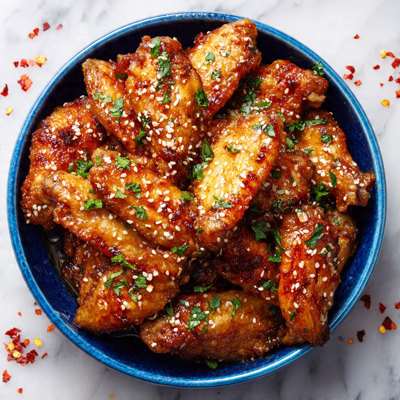 A blue bowl filled with golden-brown chicken wings coated in a sticky, shiny sauce and sprinkled with white sesame seeds and green herbs. The wings have a crispy texture with some charred spots, showing they are well-cooked. The bowl sits on a white marbled surface with red pepper flakes scattered around, adding a touch of spice. photo taken with an iphone --ar 4:5 --v 7
