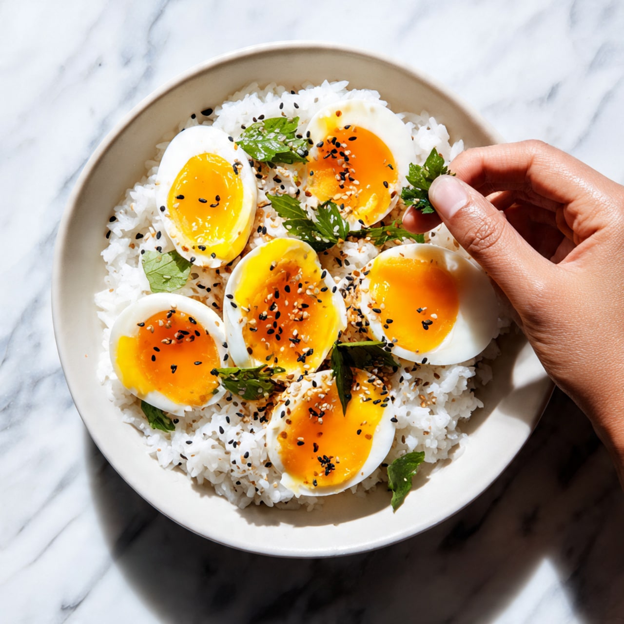 A white bowl on a white marbled surface filled with cooked white rice as the base layer, topped with four halves of boiled eggs showing bright orange yolks with a slightly soft texture. A woman’s hand is placing a small piece of green herb on top. The eggs are sprinkled with black sesame seeds and small green herbs, adding contrast to the white rice. Soft natural light casts gentle shadows, enhancing the colors and textures of the food photo taken with an iphone --ar 4:5 --v 7