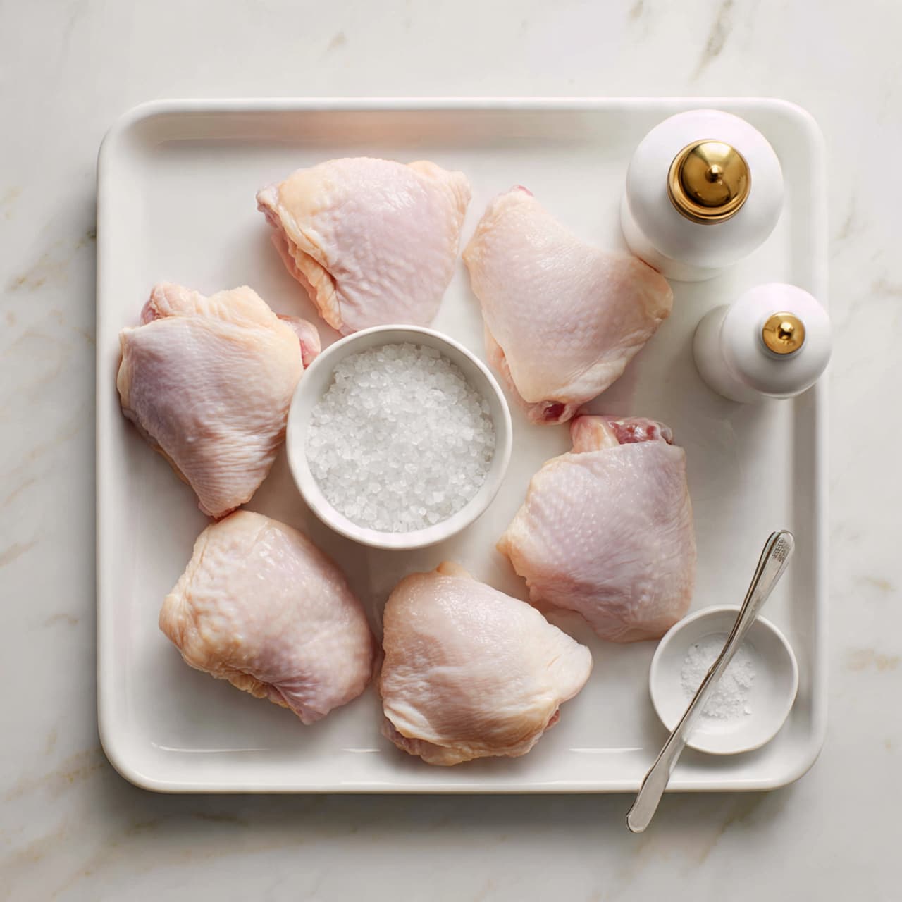 The image shows a white tray with seven raw chicken pieces spread evenly around a small white bowl filled with coarse salt or grains in the center. The chicken pieces are pale pink with a soft texture and smooth skin. On the right side of the tray, there are three white kitchen items: a bottle with a golden tip, a salt shaker, and a small bowl with a spoon containing white salt. The scene is set on a white marbled surface that adds a soft, natural background. photo taken with an iphone --ar 4:5 --v 7