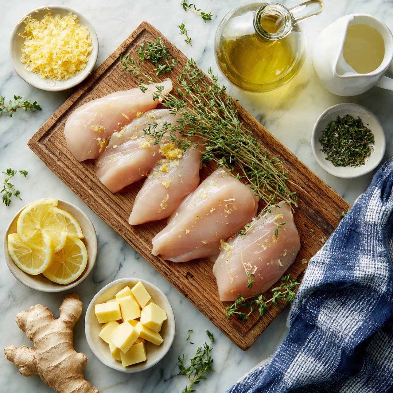 The image shows a wooden cutting board placed on a white marbled surface. On the board, there are several raw, pale pink chicken fillets laid out neatly with a few sprigs of fresh green thyme on top. Around the cutting board, there are small white bowls containing lemon wedges, capers, softened butter cubes, and grated lemon zest. A small glass bottle filled with olive oil and a white pitcher holding a light-colored liquid are visible near the top-right corner. The scene includes a blue and white checkered cloth draped partially on the surface, and a piece of ginger root near the bottom. Photo taken with an iphone --ar 4:5 --v 7