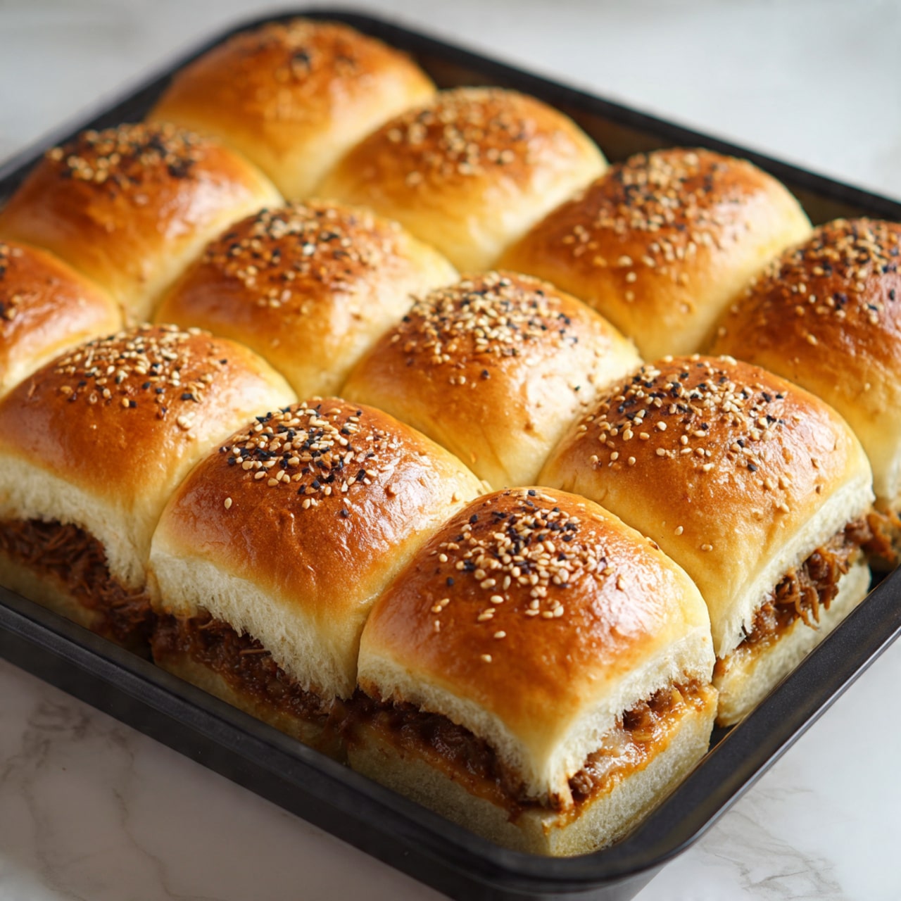 The image shows a tray of twelve soft sandwich buns arranged in a 3 by 4 grid. The tops of the buns are golden brown and sprinkled with sesame seeds and black seasoning. The buns are slightly shiny, indicating a light glaze. Between the layers of buns, there is a visible filling of shredded meat that looks juicy and tender, peeking out from one side of the sandwiches. The tray is placed on a clean white marbled surface. The lighting highlights the texture of the buns and the filling clearly. Photo taken with an iphone --ar 4:5 --v 7