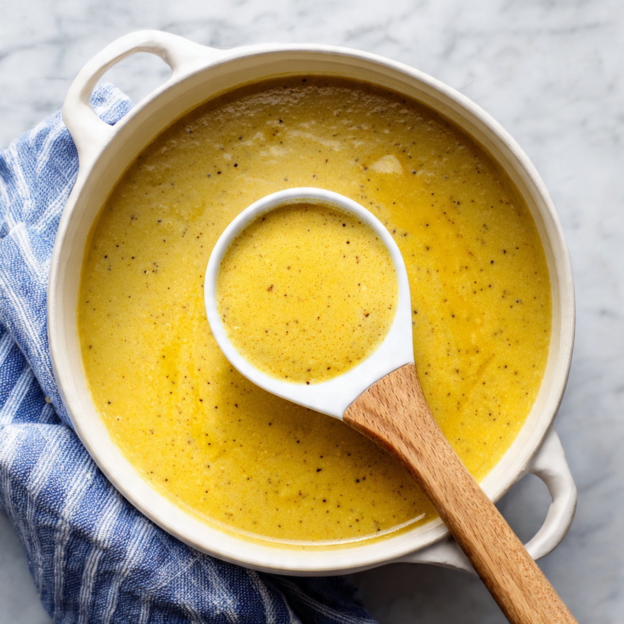 A white round pot filled with a thick, smooth, golden-yellow soup with tiny dark specks evenly spread throughout. The soup has a creamy texture and is being scooped by a white ladle with a wooden handle, lifting a rounded portion of the soup above the surface. The pot sits on a white marbled surface, and a blue and white striped cloth is partly visible near the pot's handle. photo taken with an iphone --ar 4:5 --v 7