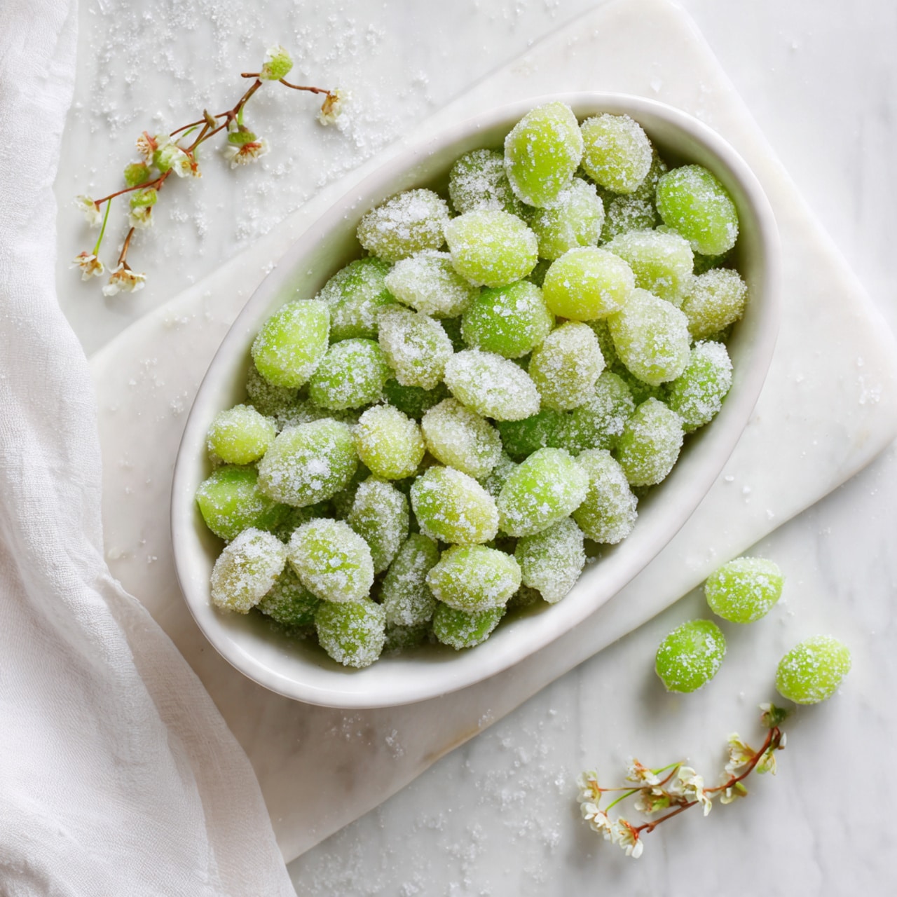 A white oval bowl is full of small green round fruits, each covered in a layer of white sugar crystals that give a frosted look. The bowl sits on a white marbled board with a soft white cloth to the left side. Some small white flowers and a few sugar-coated green fruits are scattered around the bowl on the white marbled surface. The whole scene has a light, fresh feel with soft natural light. photo taken with an iphone --ar 4:5 --v 7