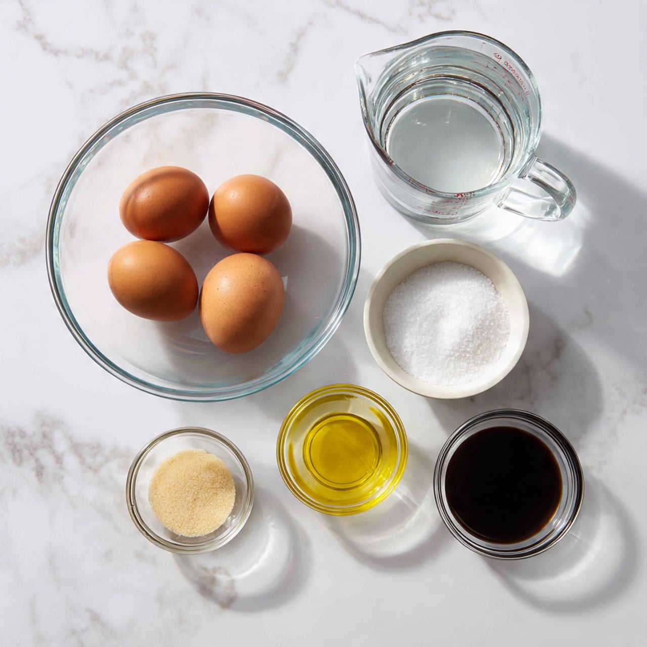 The image shows six cooking ingredients neatly placed on a white marbled surface. In the center, there is a clear glass bowl with four brown eggs inside. Above this bowl is a clear measuring jug filled with water. To the right of the eggs, there is a small white bowl filled with white salt. Below the eggs, from left to right, there is a small clear glass bowl with granulated sugar, another small clear glass bowl with light yellow oil, and a third small clear glass bowl with dark soy sauce. Everything is arranged in an orderly way on the surface. Photo taken with an iphone --ar 4:5 --v 7