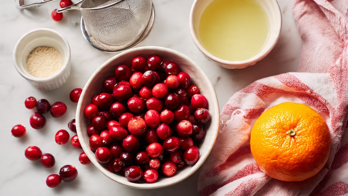 A white bowl full of bright red cranberries sits in the center on a white marbled surface, surrounded by a whole orange with textured skin, a white small bowl of light yellow liquid, a white small bowl of clear liquid, and a metal measuring cup filled with light brown powder. A pink and white striped cloth and a silver grater are placed near the bowls, all arranged neatly with a few cranberries scattered around. photo taken with an iphone --ar 41:1