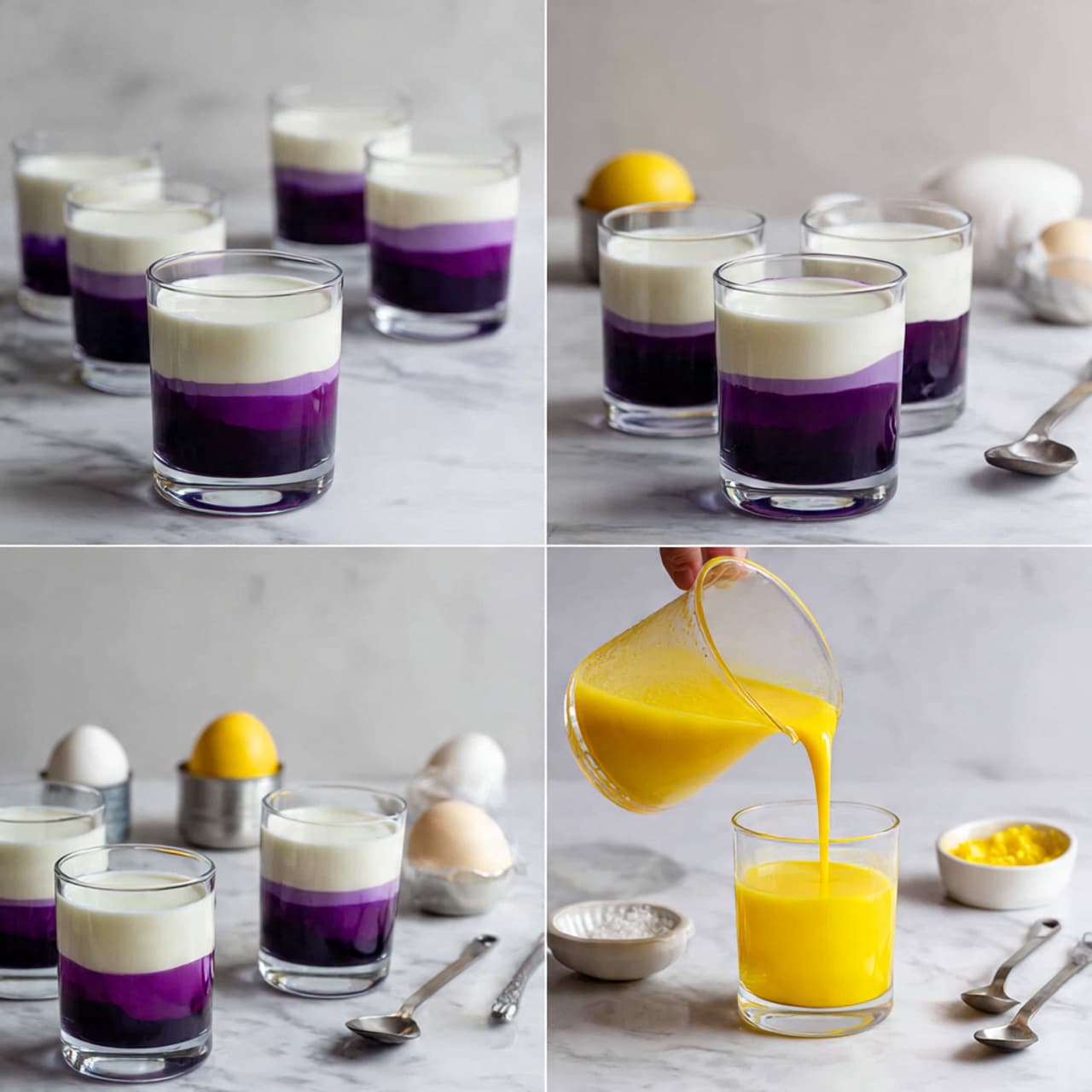 The image shows a step-by-step process of making a layered dessert in clear glass cups on a white marbled surface. The first layer is a thin purple liquid poured into the glasses, creating a deep purple base. Next, a white creamy liquid is poured on top, forming a smooth white middle layer above the purple base. The last photo shows a bright yellow liquid being measured over the cups, hinting at a final layer or topping to be added. Around the glasses are measuring cups, spoons, and small bowls with ingredients in soft yellow, white, and purple colors all on the white marbled surface. photo taken with an iphone --ar 4:5 --v 7