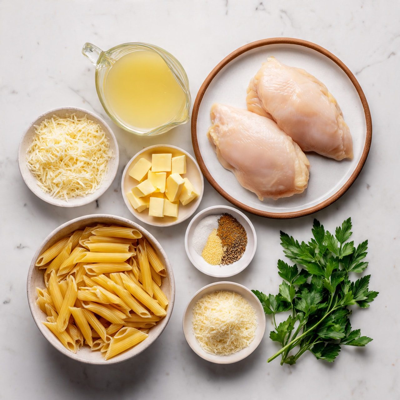 The image shows raw ingredients neatly arranged on a white marbled surface, including two smooth, pale pink chicken pieces on a white plate with a brown rim placed at the top right. Surrounding this are small white bowls containing different items: pale yellow butter cubes, finely chopped light yellow garlic, several types of ground spices, cream sauce with a thick smooth texture, and grated light yellow Parmesan cheese. There is also a bowl filled with uncooked pale golden tubular pasta near the bottom left. A clear glass jug contains a pale yellow broth with a slightly oily surface. Fresh green parsley leaves add a fresh color contrast near the bottom right. Each ingredient is separated, showcasing a clean and organized layout. Photo taken with an iphone --ar 4:5 --v 7