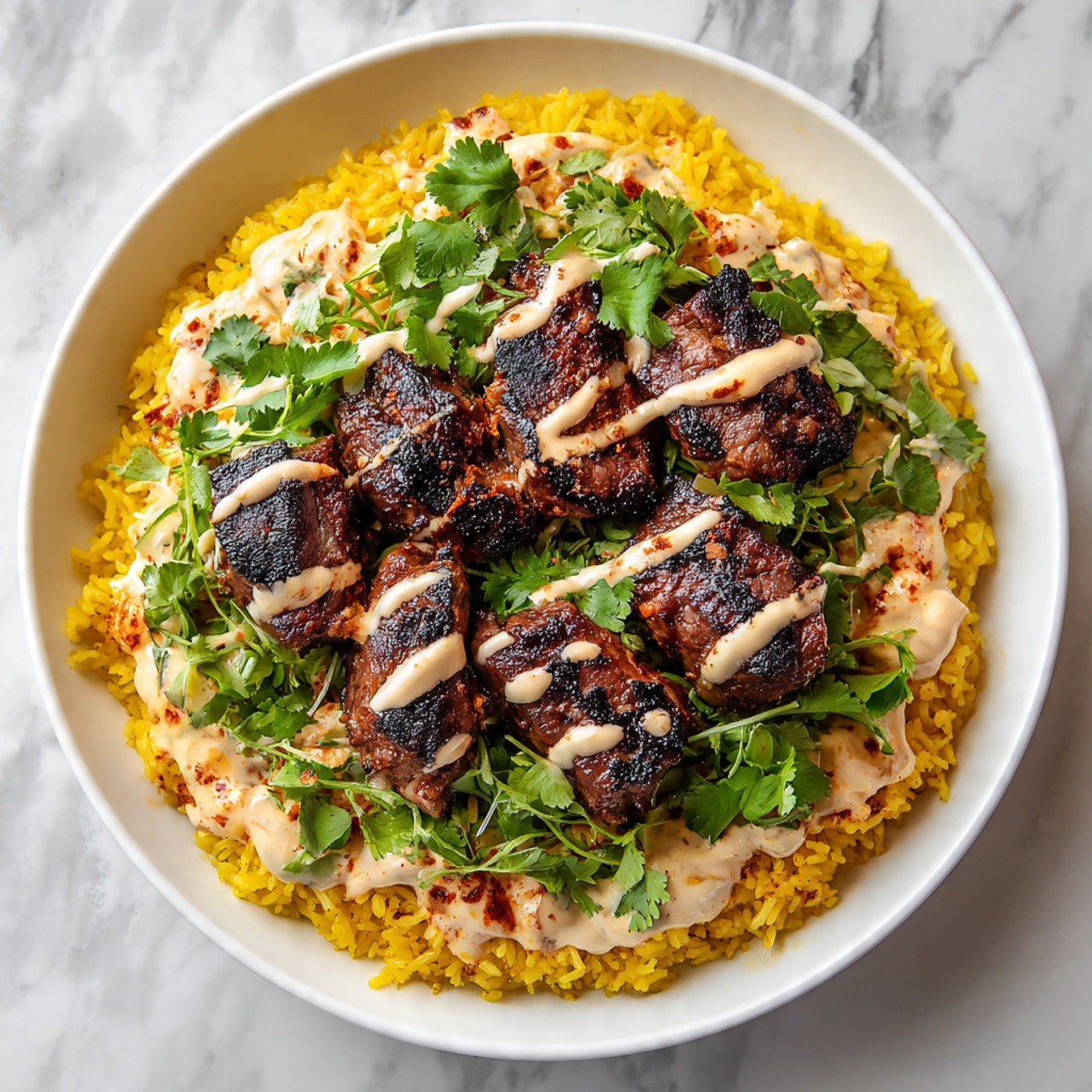 A round white bowl holds a base layer of bright yellow rice with a fluffy texture. On top, there are several pieces of deep orange grilled meat with dark char marks, arranged closely in the center. The meat is drizzled with a light cream-colored sauce in thin lines. Fresh green cilantro leaves are scattered generously over the meat and rice. The bowl sits on a white marbled textured surface. photo taken with an iphone --ar 4:5 --v 7