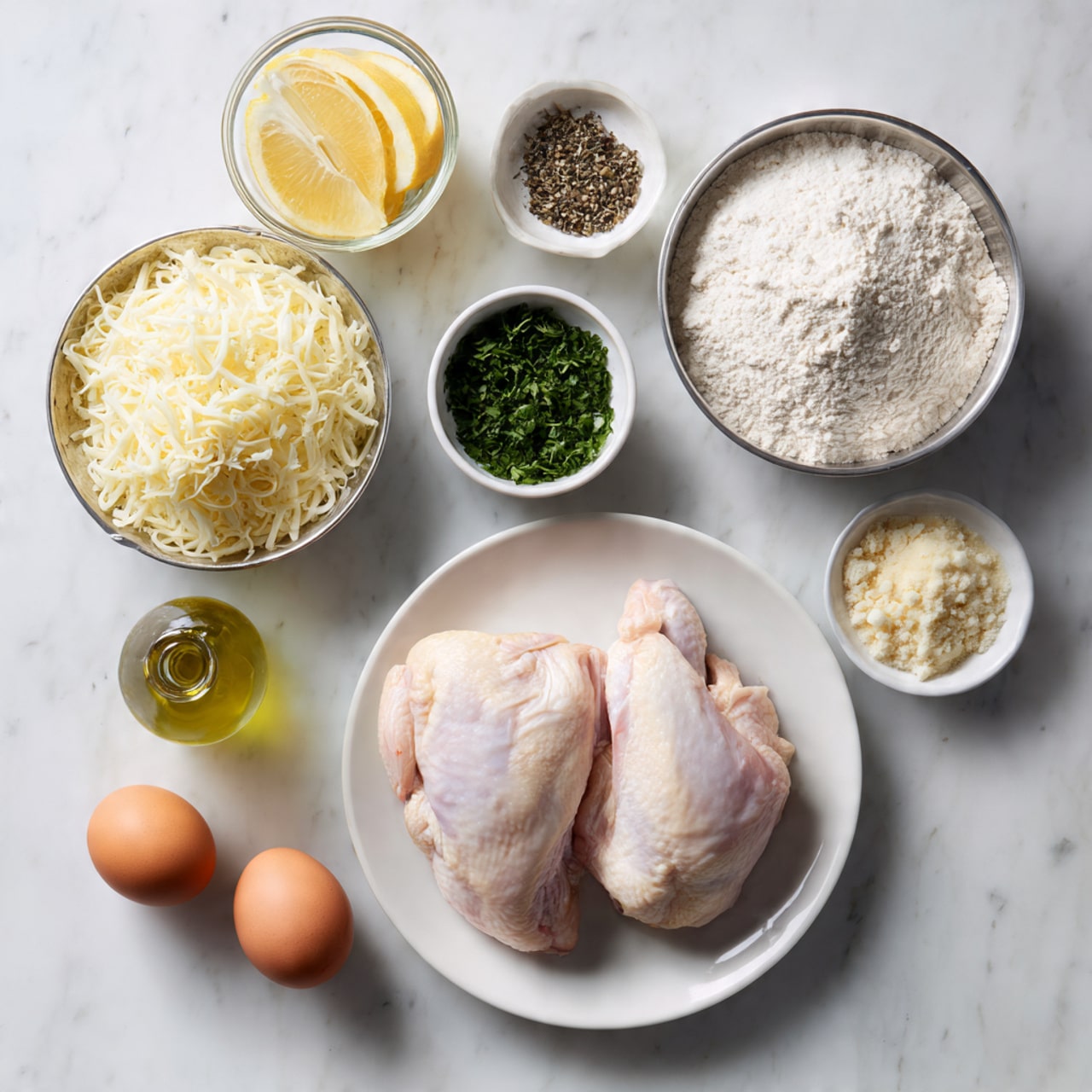 The image shows a white plate at the bottom center with two raw chicken pieces placed side by side. Above the plate, a small white bowl contains some white flour. To the right of this, a small white dish holds a mixture of black and white pepper. Above that, there is a small glass bowl filled with chopped green herbs. On the top left, a metal bowl contains shredded cheese. Next to it, a small clear glass with lemon wedges is placed. Below these, a small bottle of olive oil sits beside a small bowl with bread crumbs. Two brown eggs lie on the white marbled surface near the bottom left side. The background is a white marbled texture. photo taken with an iphone --ar 4:5 --v 7