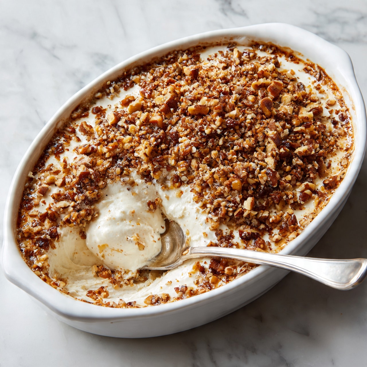 A white oval dish filled with a baked dessert that has a creamy, slightly browned top layer. On top, there is a thick layer of chopped nuts and seeds, adding a rough texture and dark brown color. A white spoon rests inside the dish, scooping some of the dessert, showing a soft, creamy inside beneath the nutty topping. The dish is placed on a white marbled surface. Photo taken with an iphone --ar 4:5 --v 7