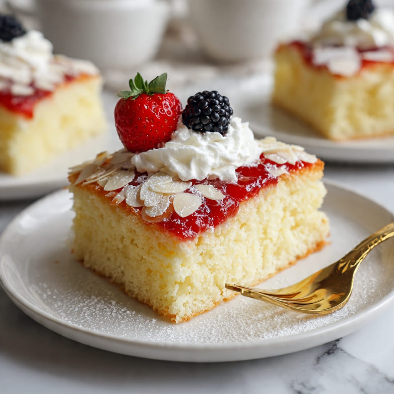 A piece of light yellow cake with a soft, crumbly texture sits on a white plate. The top layer of the cake is covered with thin almond slices and a light dusting of powdered sugar. On top of that, there is a dollop of bright red fruit jam, mostly hidden under a thick, fluffy layer of white whipped cream. The whipped cream is decorated with two small blackberries and a halved red strawberry. The white plate rests on a white marbled surface with a gold fork beside the cake. In the background, more pieces of the same cake are blurry but visible. Photo taken with an iphone --ar 4:5 --v 7