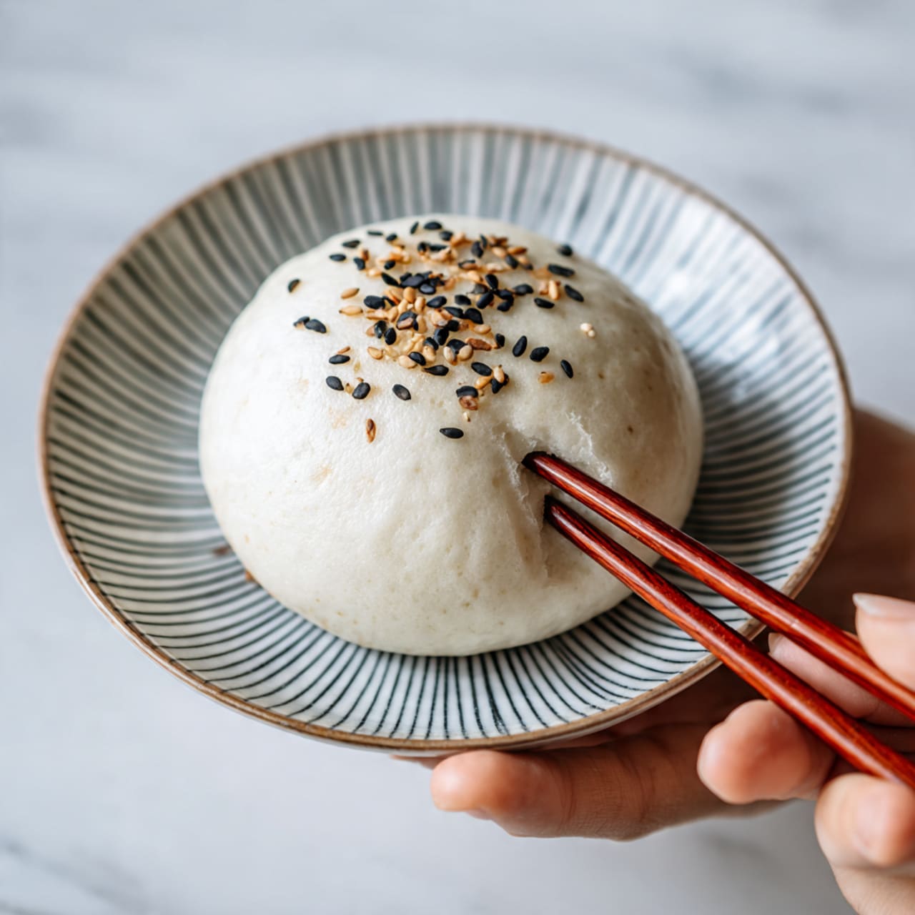 A close-up image of a round white steamed bun with a smooth, shiny surface, topped with a few black sesame seeds near the top. The bun is placed on a white plate with thin blue stripes, and two reddish-brown chopsticks gently press into the front of the bun. A woman's hand holds the chopsticks from the right side of the picture. The background has a white marbled texture. Photo taken with an iphone --ar 4:5 --v 7
