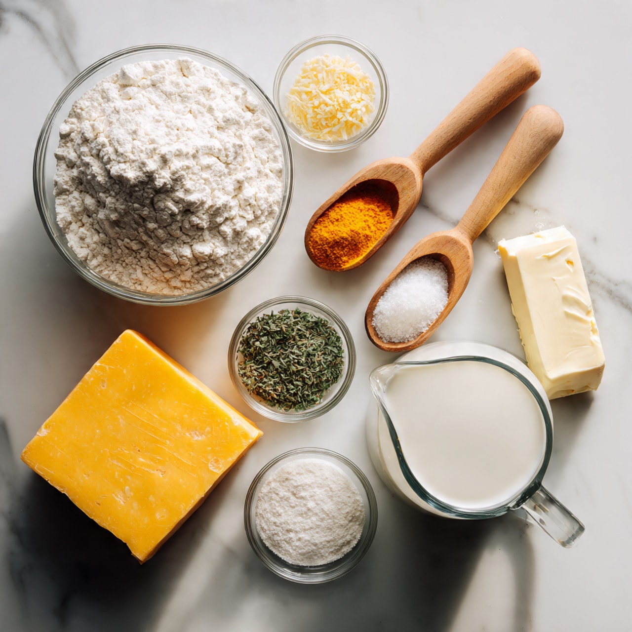 A top view shows several baking ingredients placed neatly on a white marbled surface. There is a large clear bowl filled with white flour on the left. Next to it, two wooden measuring spoons hold a yellow powder and white granules, while a small clear bowl contains a green herb and an orange powder. Another small bowl has a white powder, and a smaller bowl holds fine white granules. A large block of bright yellow cheese is placed at the bottom left. On the right side, there is a clear glass measuring cup filled with milk and a stick of cream-colored butter in its wrapper. The arrangement is clean and organized, with natural lighting highlighting the textures of each ingredient. Photo taken with an iphone --ar 4:5 --v 7