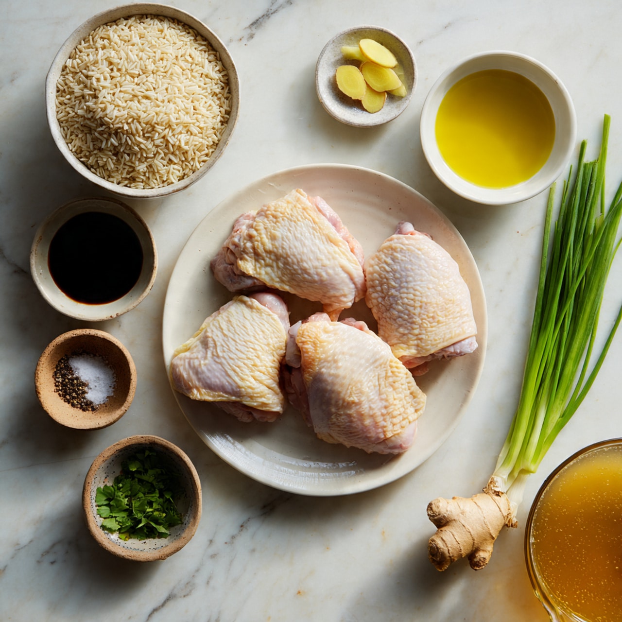 The image shows a flat white plate in the center with four raw chicken thighs, each light pink with skin visible, slightly overlapping each other. Around the plate are various ingredients on a white marbled surface: a bowl of short-grain rice on the top left, a small bowl of dark sauce above it, and a tiny bowl with thin pale yellow ginger slices next to the sauce. On the right side of the plate, there is a small white bowl with golden oil, and beside it, long bright green scallions. At the bottom left, fresh green cilantro leaves are next to two small brown bowls, one with black pepper and one with white salt. At the bottom right corner, part of a clear measuring cup filled with amber-colored broth is visible. A piece of ginger root is near the top center. The photo taken with an iphone --ar 4:5 --v 7